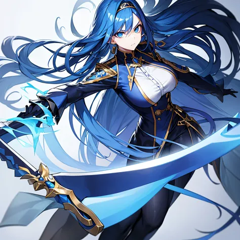 A woman with not very long blue hair, a headband, fierce eyes, wearing a casual blue, black, and white uniform, holding a very large blue sword with a gold frame.