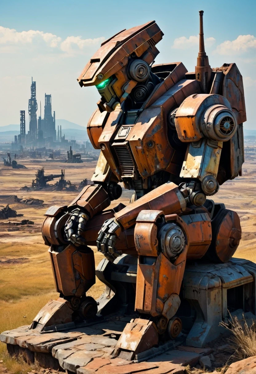 wasteland，The old mecha is sitting on the stone and thinking，thinker，hand on cheek，(sitting:1.2)，Rusty，Distant skyline