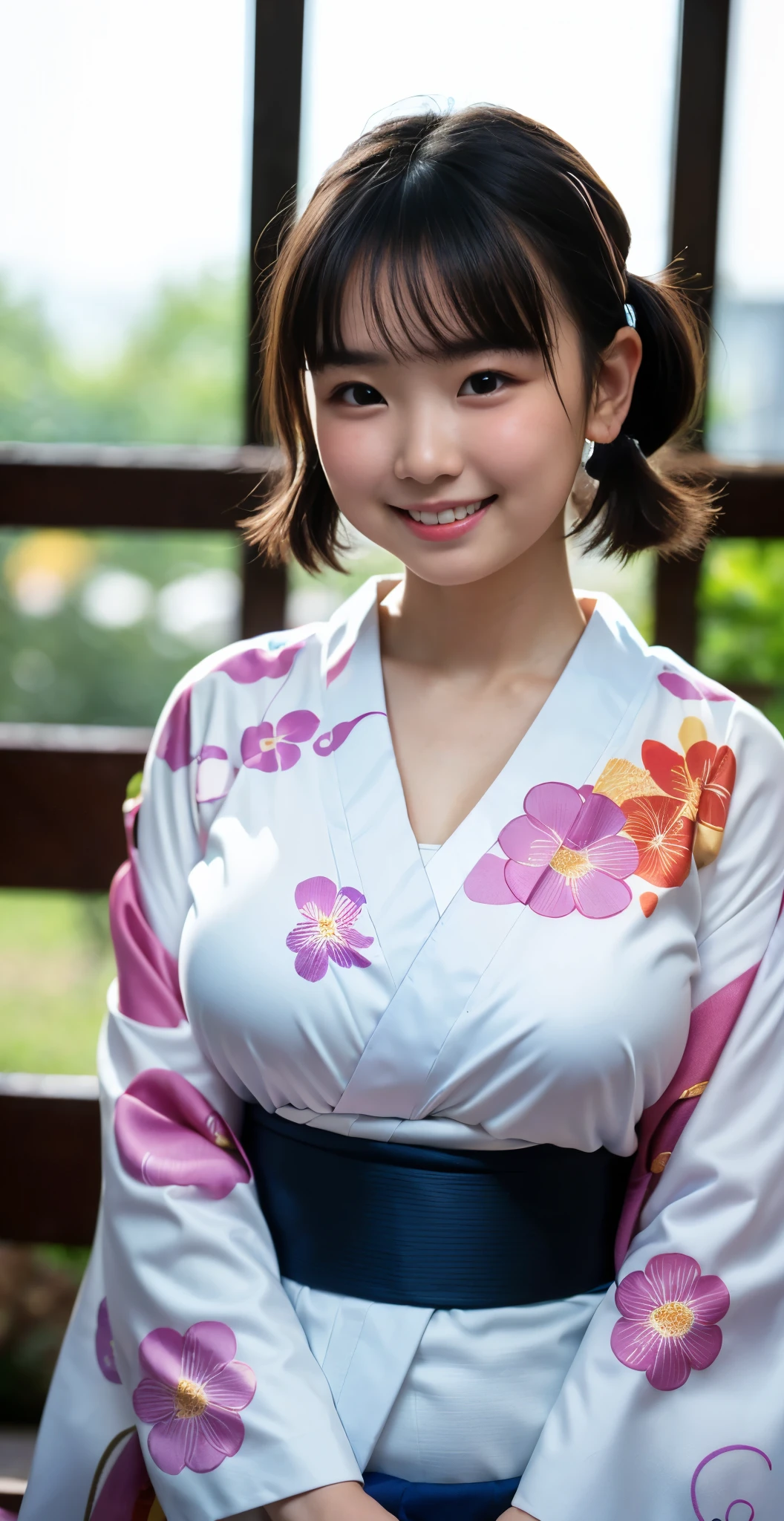 （8k、Raw photography、highest quality、masterpiece：1.2),(black haired、very short hair:1.8),(short twin tails:1.4)、show viewer,Looking at the front,erotic,white skin,(Wearing a kimono with a colorful floral pattern:1.7)、()、(Clothing that emphasizes the shape of your chest、publish one&#39;skin of:1.8)、(big breasts :1.4)、slim body shape、ultra high resolution,beautiful,beautiful fece,(alone, alone、no background:1.9),whole bodyボディー,japanese woman,（Photoreal：1.37）、photon mapping,reality、(Baby-faced and cute: 1.4)、(cute smile: 1.7)、(With a round face: 1.9)、radio city、Physically based rendering、depth of field rally background、photograph, (I can see your knees,close up of thighs:1.4),whole body、super fine
