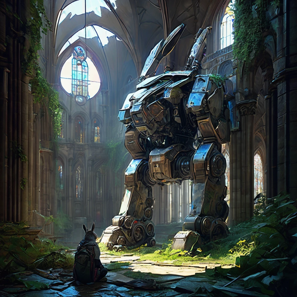 Mecha Abandonado, estética, extremamente detalhado, atraente, monótono, ruína abandonada da catedral, vitral quebrado no chão. coberto de vegetação, ruínas da cidade, veado no pátio, uma obra de arte de tirar o fôlego de Jean Baptiste Monge, André Wallin, Thomas Kincade, Geoffroy Thoorens, Krenz Cushart, escala épica, altamente detalhado, ambiente claro, cores triádicas luz cinematográfica resolução 16k, Coelho robô mecha gigante abandonado!! :: arte conceitual, Arte digital com resolução 16k de Klaus Wittmann, Alejandro Burdísio, Ismail Inceoglu, Jeremy Mann, Ilya Kuvshinov, altamente detalhado, hiperrealista, iluminação volumétrica, cores suaves, impressionante, lindamente iluminado, foco suave e nítido, tendências no ArtStation
