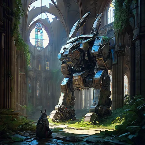 Abandoned Mech, aesthetic, extremely detailed, eye catching, drab, abandoned cathedral ruin, broken stained glass on the floor. ...