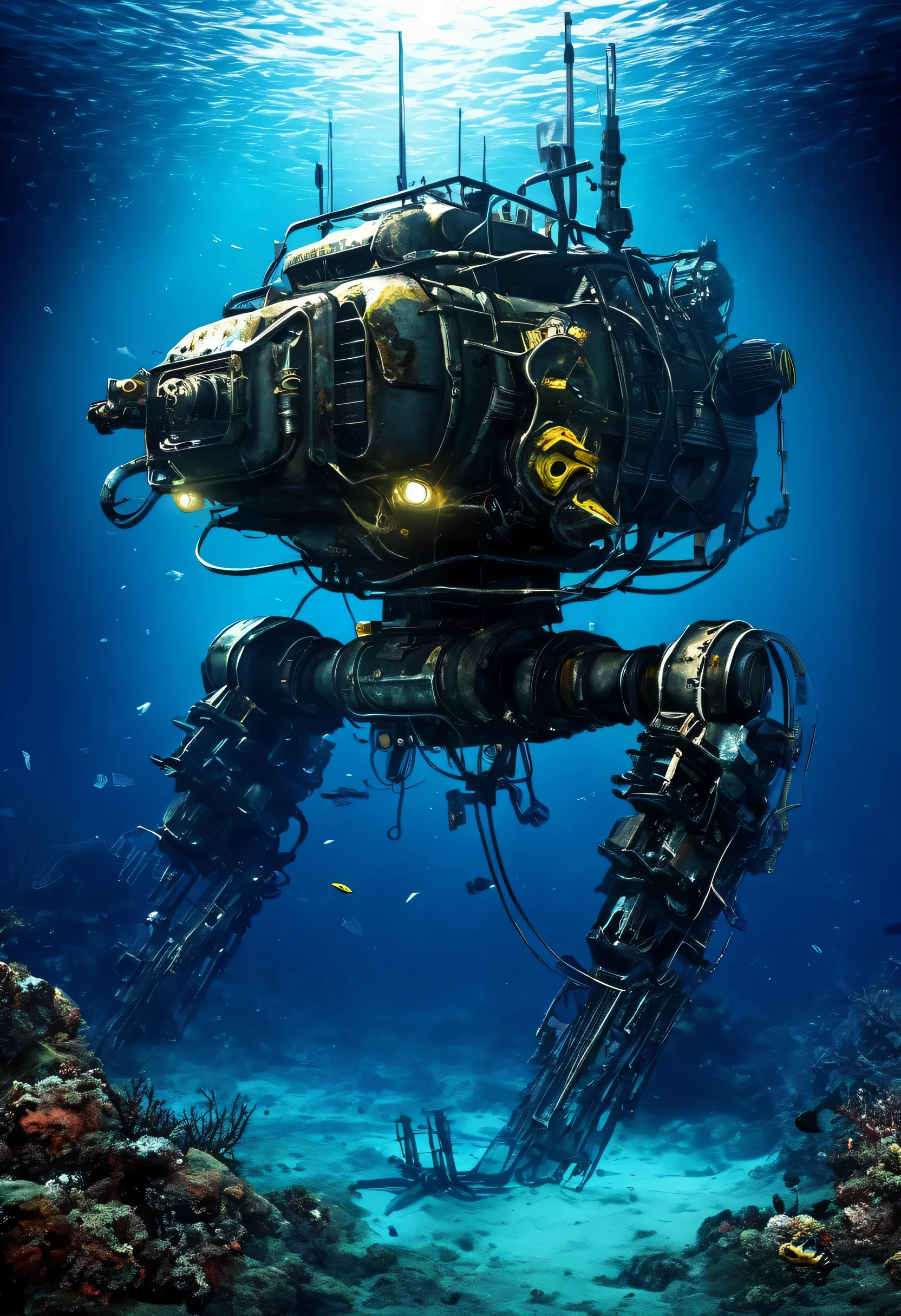 Deep Sea Scenery,The bottom of the sea,abandoned mecha:Fusion of futuristic science and steampunk,world without humans,arm,dirty,weapons,,Remains of a destroyed robot,lost peace,forsaken,dim,masterpiece,digital art,lonely,pessimism,dirty,dyeing,Mysterious,fantasy,The remains of a broken robot sleeping in the deep sea,Deep Sea Scenery:In detail