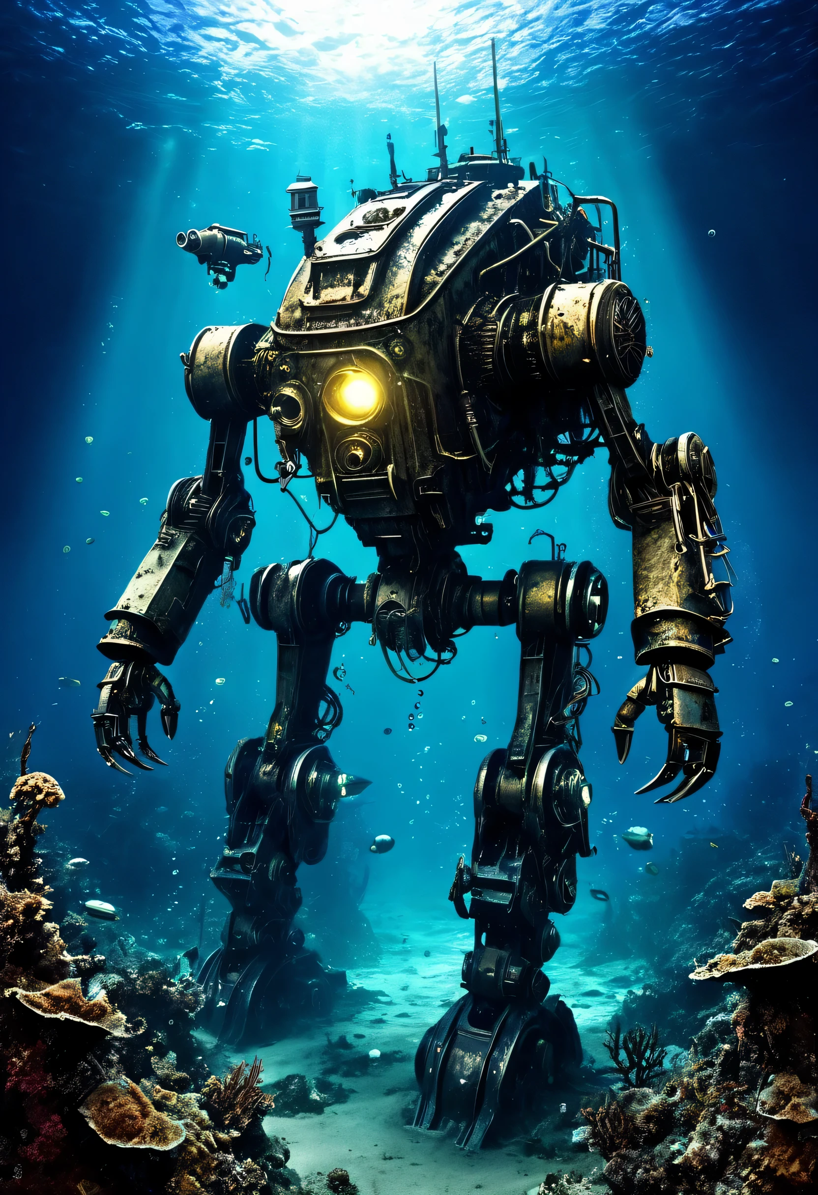 Deep Sea Scenery,The bottom of the sea,abandoned mecha:Fusion of futuristic science and steampunk,world without humans,arm,dirty,weapons,,Remains of a destroyed robot,lost peace,forsaken,dim,masterpiece,digital art,lonely,pessimism,dirty,dyeing,Mysterious,fantasy,The remains of a broken robot sleeping in the deep sea,Deep Sea Scenery:In detail