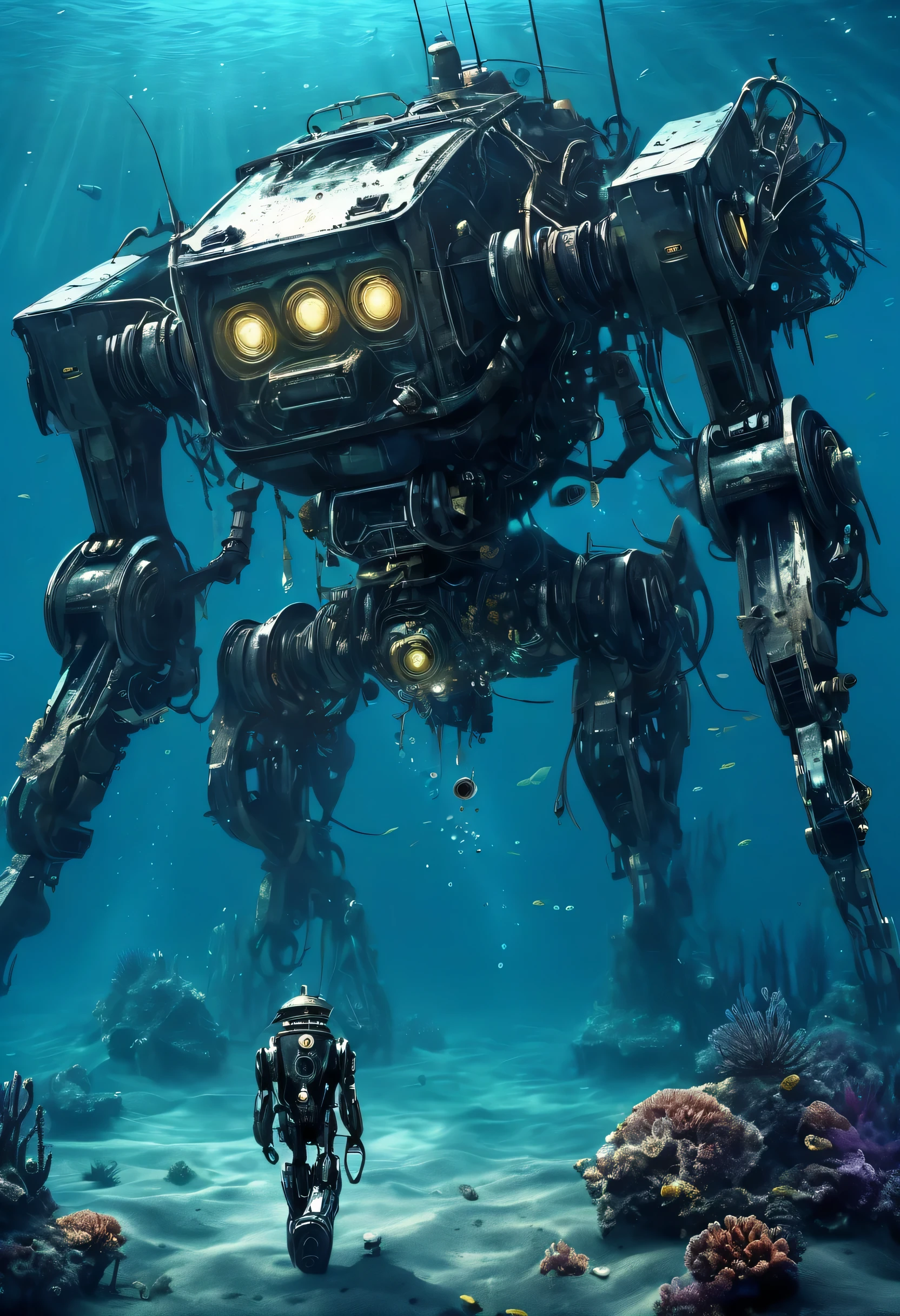 Deep Sea Scenery,The bottom of the sea,abandoned mecha:Fusion of futuristic science and steampunk,world without humans,arm,dirty,weapons,,Remains of a destroyed robot,lost peace,forsaken,dim,masterpiece,digital art,lonely,pessimism,dirty,dyeing,Mysterious,fantasy,The remains of a broken robot sleeping in the deep sea,Deep Sea Scenery:In detail