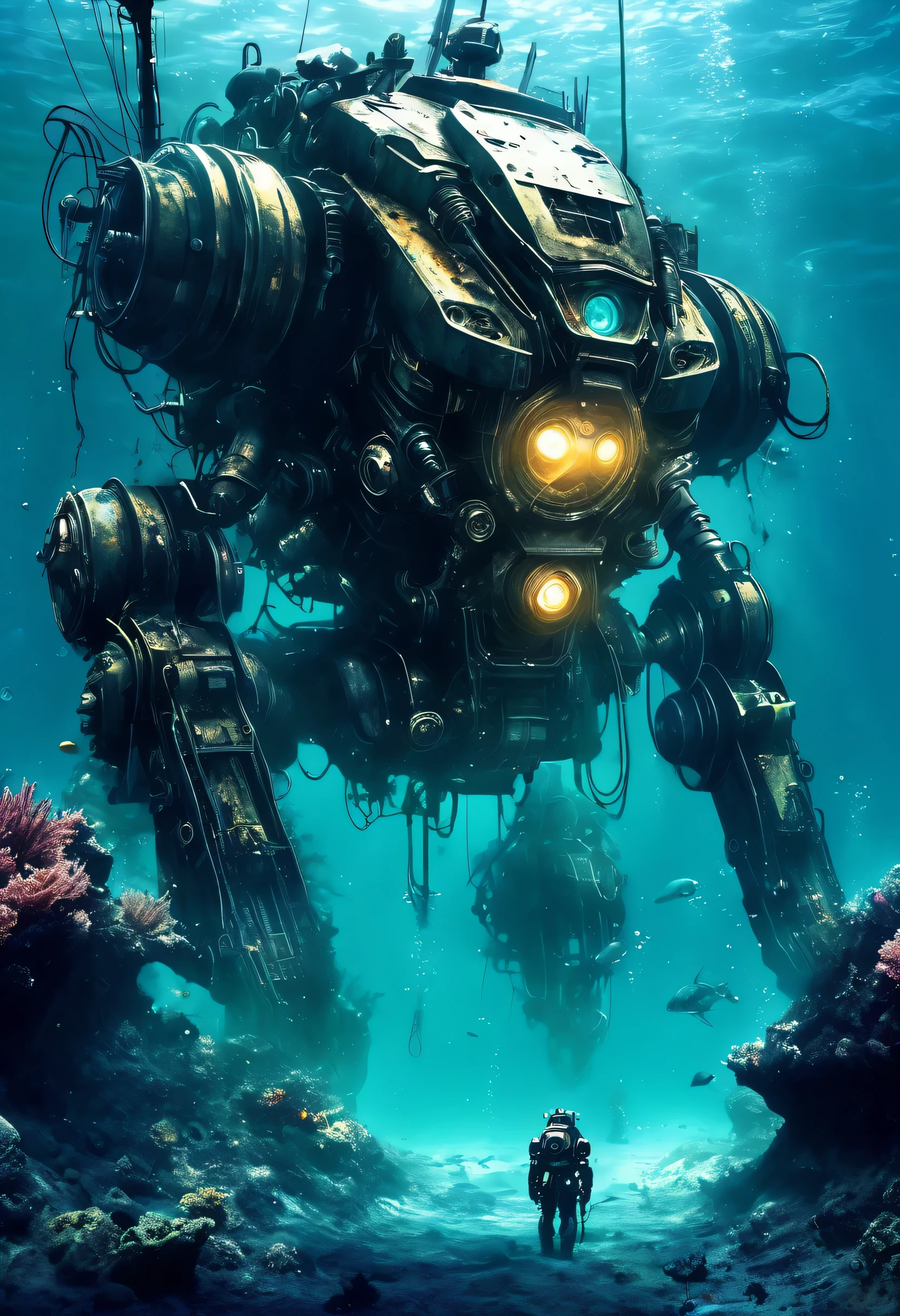 Deep Sea Scenery,The bottom of the sea,abandoned mecha:Fusion of futuristic science and steampunk,world without humans,arm,dirty,weapons,,Remains of a destroyed robot,lost peace,forsaken,dim,masterpiece,digital art,lonely,pessimism,dirty,dyeing,Mysterious,fantasy,The remains of a broken robot sleeping in the deep sea,Deep Sea Scenery:In detail
