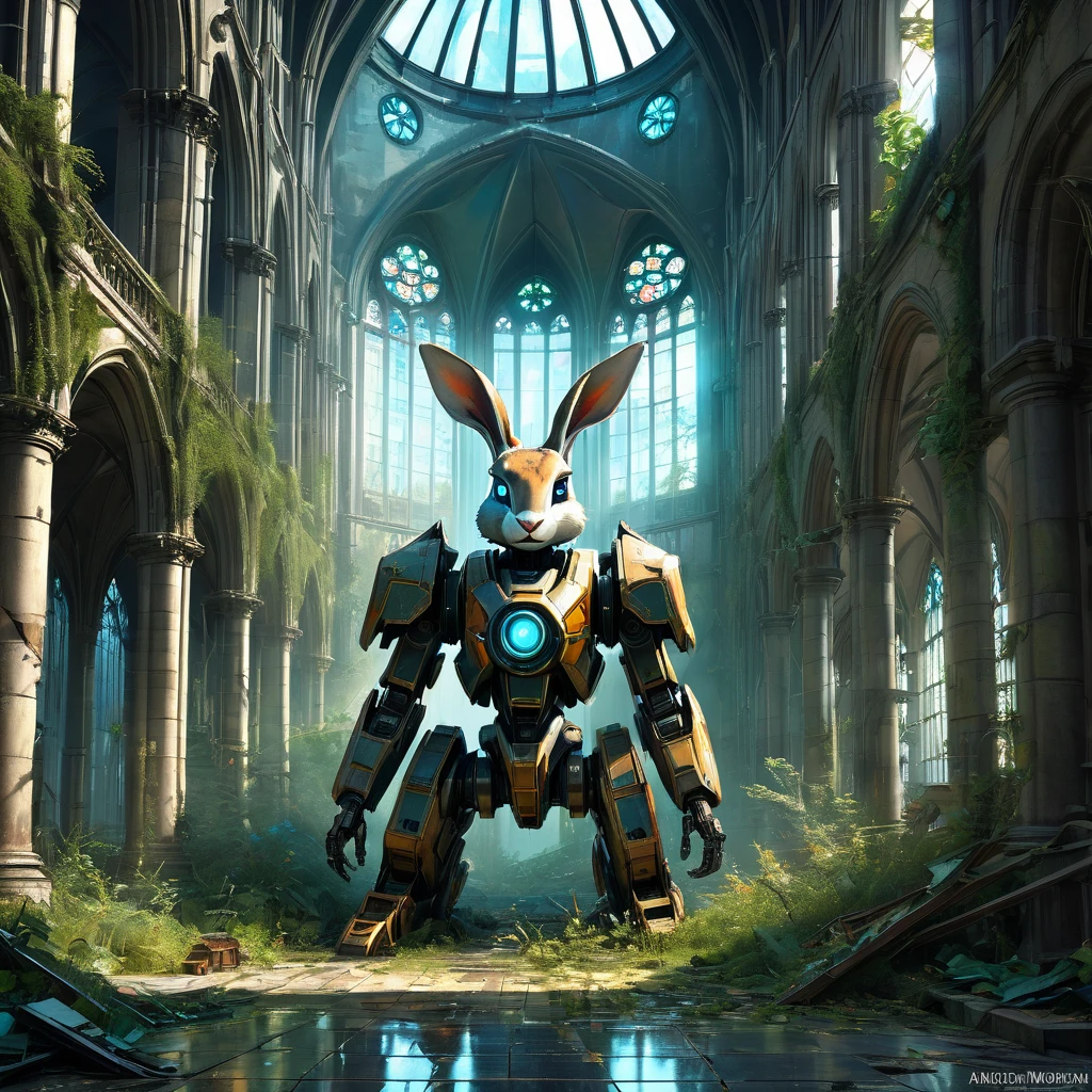 Abandoned Mech, aesthetic, extremely detailed, eye catching, drab, abandoned cathedral ruin, broken stained glass on the floor. Overgrown, city ruins, deer in the courtyard, a breathtaking artwork by Jean Baptiste Monge, Andree Wallin, Thomas Kincade, Geoffroy Thoorens, Krenz Cushart, Epic scale, highly detailed, clear environment, triadic colors cinematic light 16k resolution, Giant mecha robot rabbit abandoned!! :: concept art, 16k resolution digital art by Klaus Wittmann, Alejandro Burdisio, Ismail Inceoglu, Jeremy Mann, Ilya Kuvshinov, highly detailed, hyperrealistic, volumetric lighting, Muted colors, striking, beautifully lit, smooth sharp focus, trending on Artstation