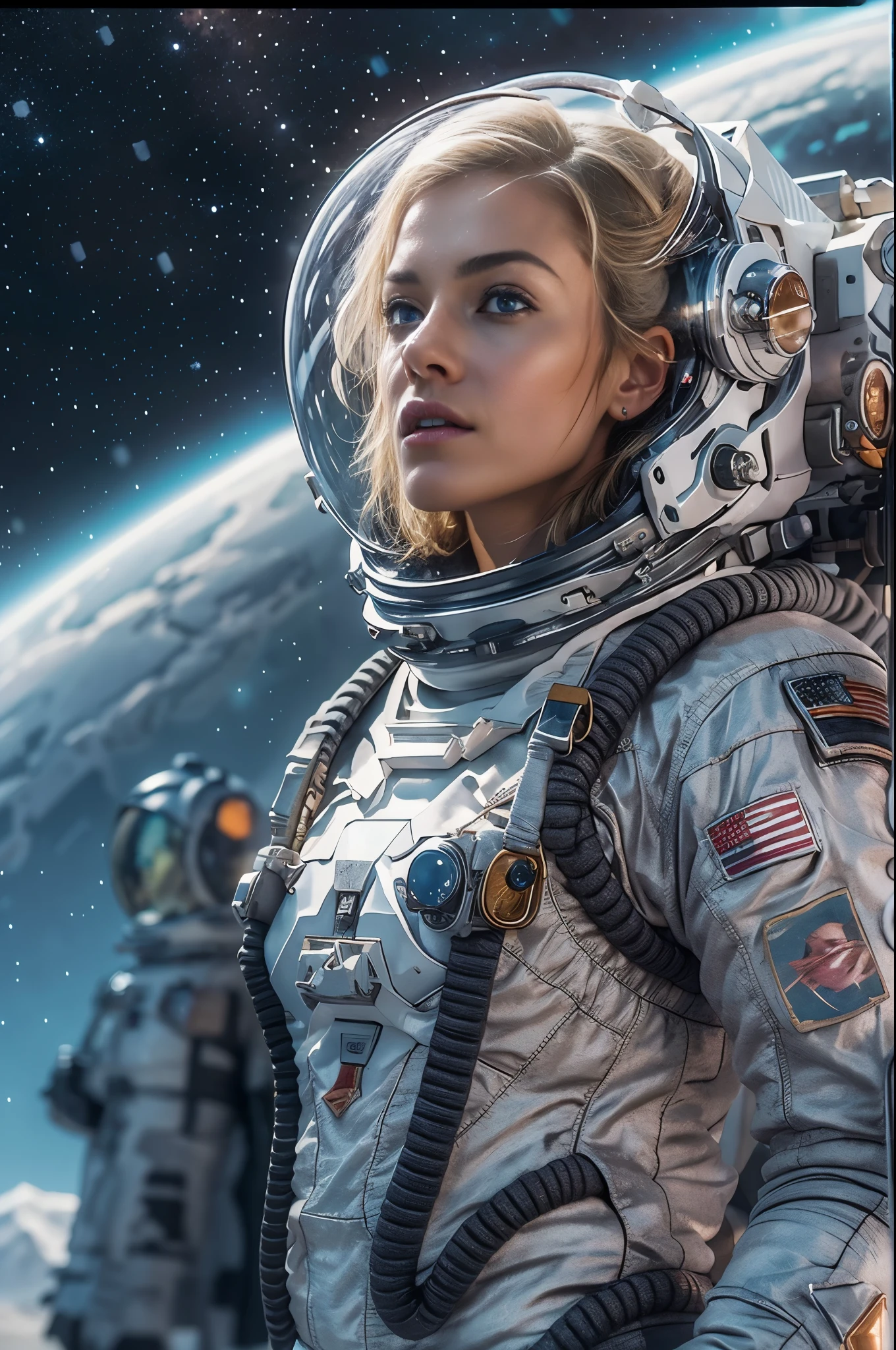 Meisterwerk, ein wunderschönes 25 Jahre altes deutsches blondes Mädchen, einsame Astronautin, trostlose Planetenlandschaft, Weltraum und Sterne, elektrische Atmosphäre, Werkzeuggürtel, Metallisches graues Zink, Science-Fiction, ultrahohe Auflösung.fotorealistisch, 16k, UHD, HDR, die beste Qualität, körperenger Astronautenanzug, kompliziert, die fantastischsten Details, roh, dramatische Beleuchtung, Ganzkörper, schönes Gesicht, schmales Gesicht, ultra-detaillierte blau-graue Augen, Ultra-hochdetailliertes Gesicht, blonde Haare mit Dutt, Raumschiffe im Himmel, realistische Reflexionen, Sonnenaufgang, skalieren, , bestimmt, dynamische Haltung, ein Weltraum-Militärgelände im Hintergrund