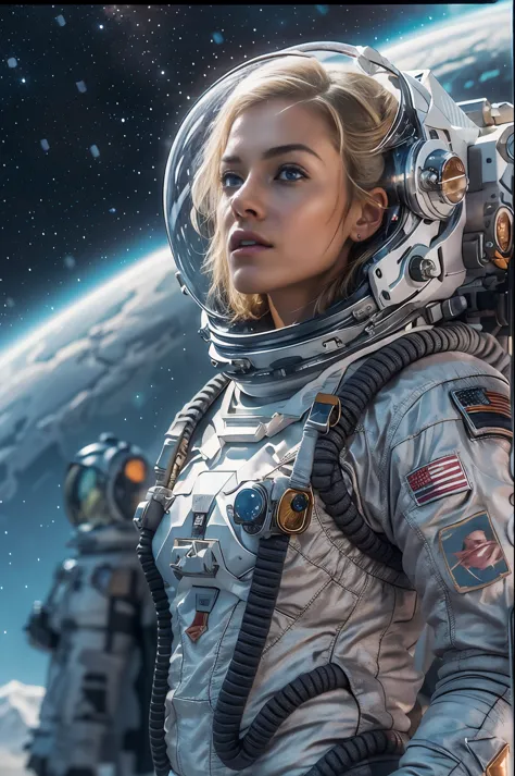 masterpiece, a beautiful 25 years old german blonde girl, solitary female astronaut, desolated planet landscape, space and stars...