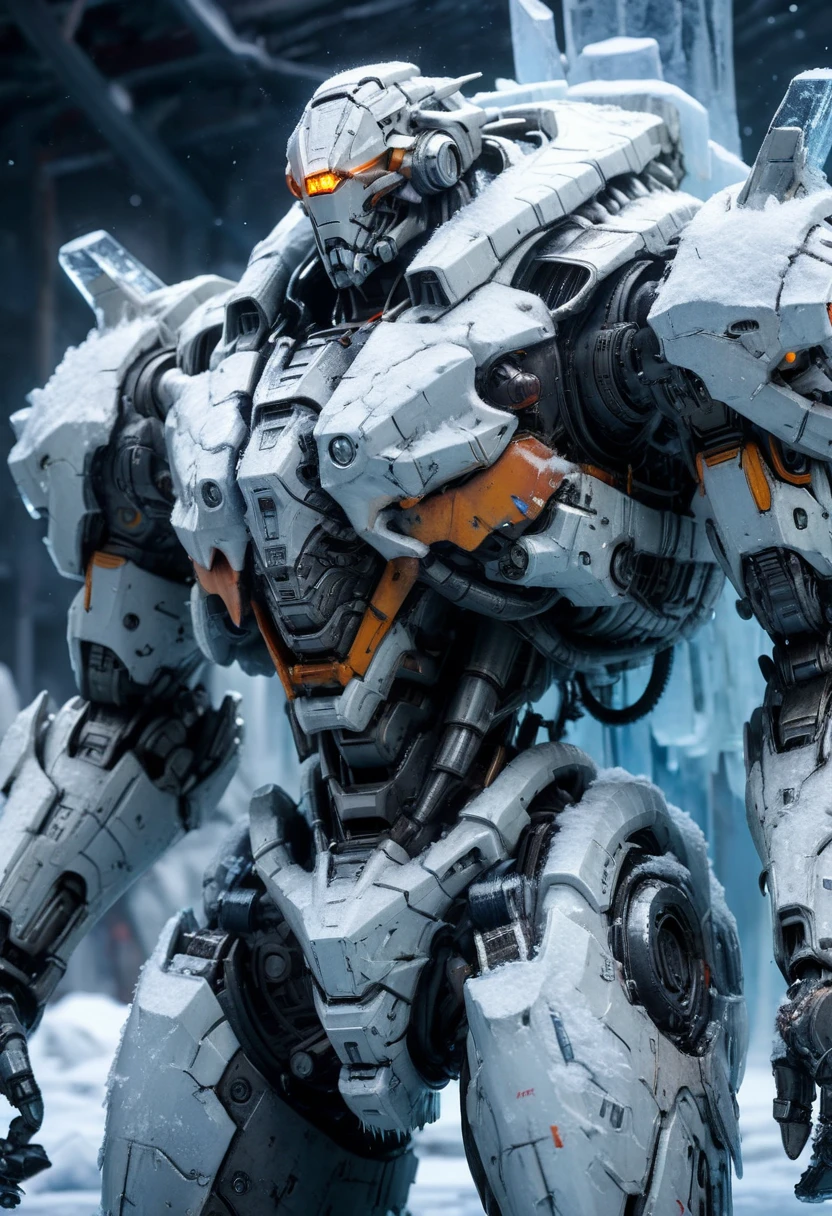 Abandoned Mech frozen in ice, whole huge ice, (best quality, masterpiece, Representative work, official art, Professional, Ultra intricate detailed, 8k:1.3)