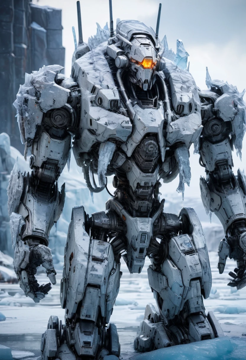 Abandoned Mech frozen in ice, whole huge ice, (best quality, masterpiece, Representative work, official art, Professional, Ultra intricate detailed, 8k:1.3)