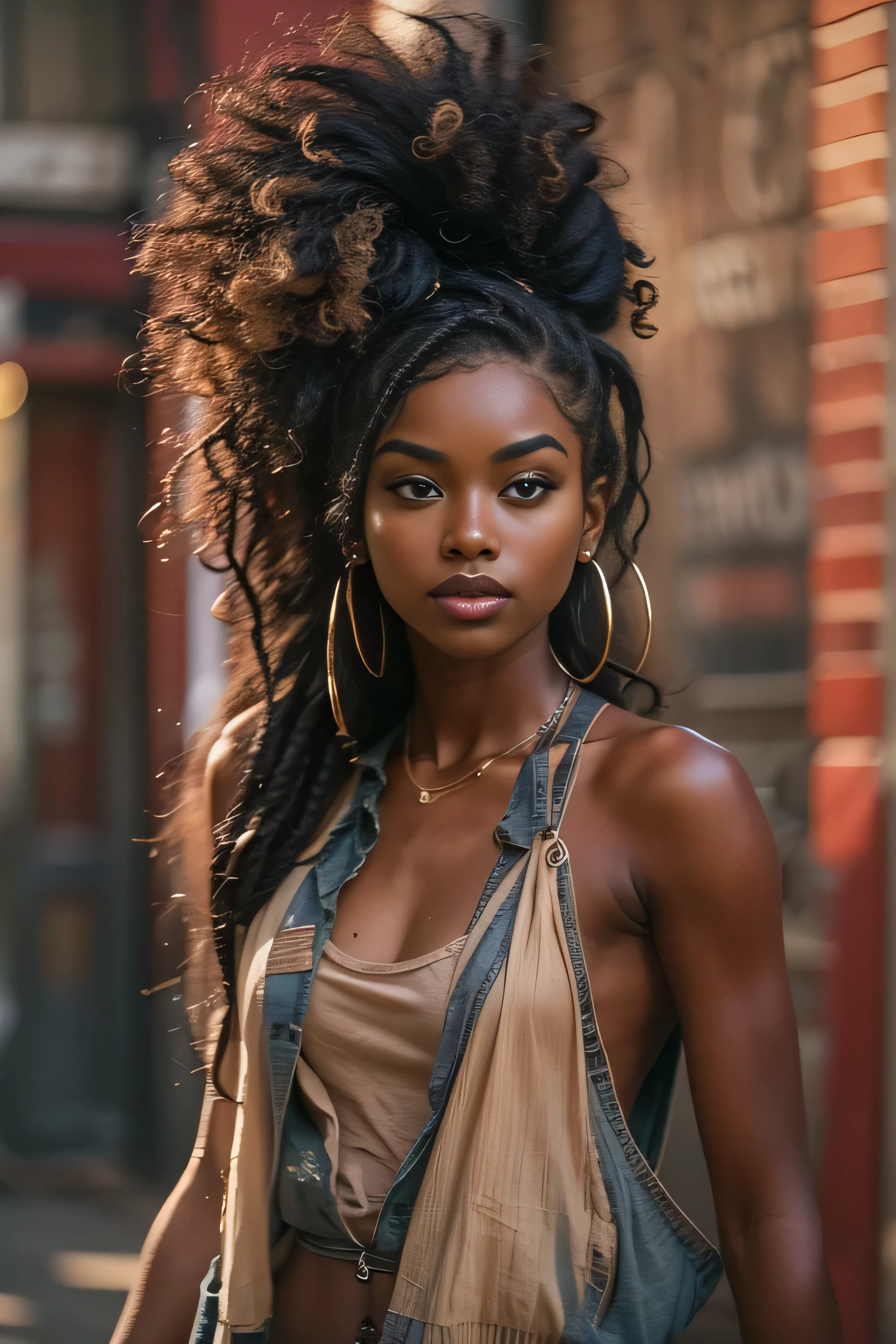 masterpiece, best quality, beautiful African mixed 20 year old, ebony skin female, long, frizzy, curly dark hair, perfect face, half body, long hair, melanin, street style clothes