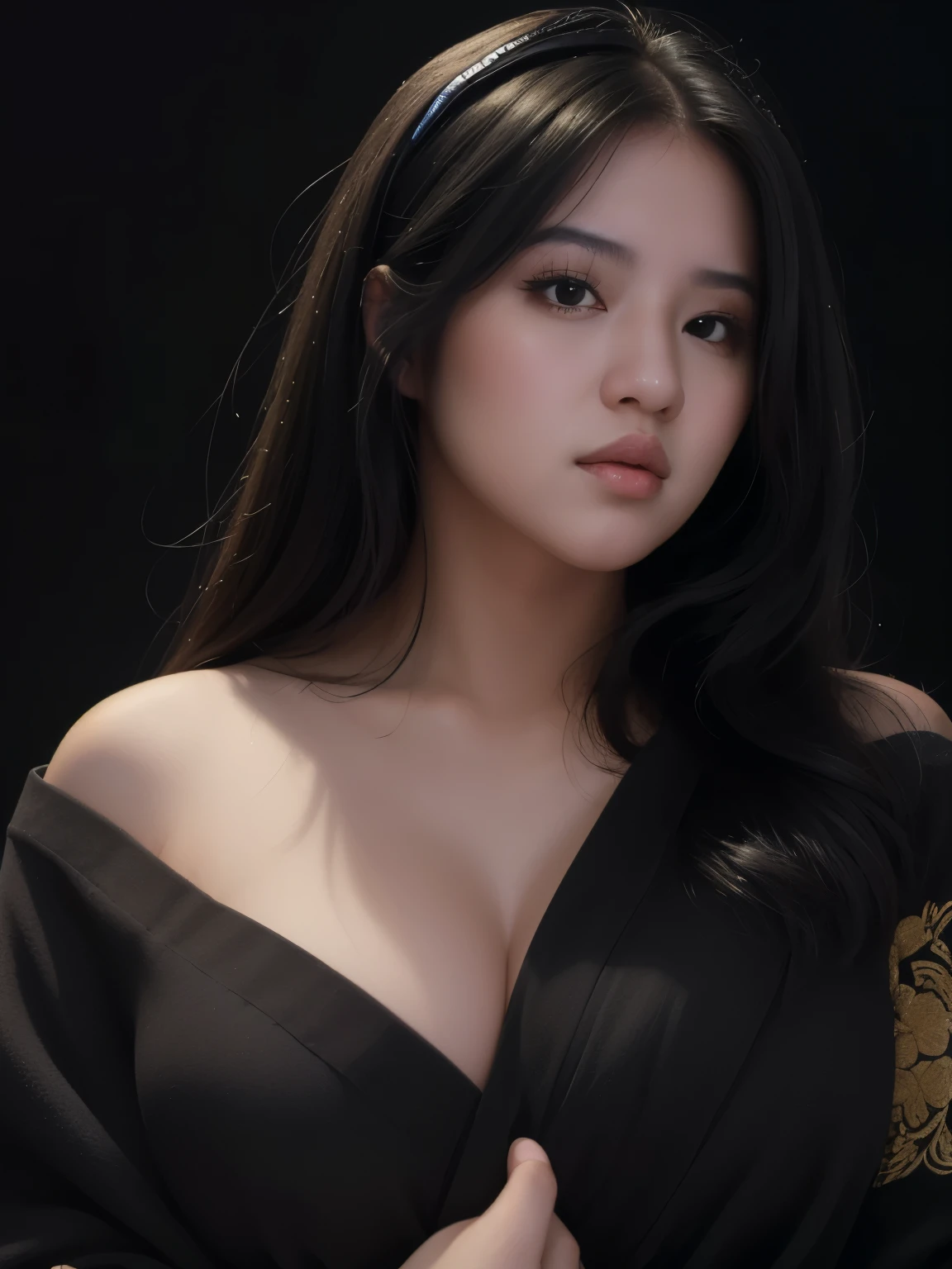 ((Best quality, 8k, Masterpiece :1.3)), Image of a Malay girl superidol. Long black hair:1.3. (Beautiful Malay girl in kimono), ((black kimono)). Big breasts:1.3, close up cleavage. ((Bare shoulders _depth of field)), atmospheric perspective, Volumetric lighting, Clear focus, absurd resolution, Realistic proportions, Good anatomy, (realistic,Hyper-realistic:1.37), 16K HD, INFO. ((dark background)), ((black background))