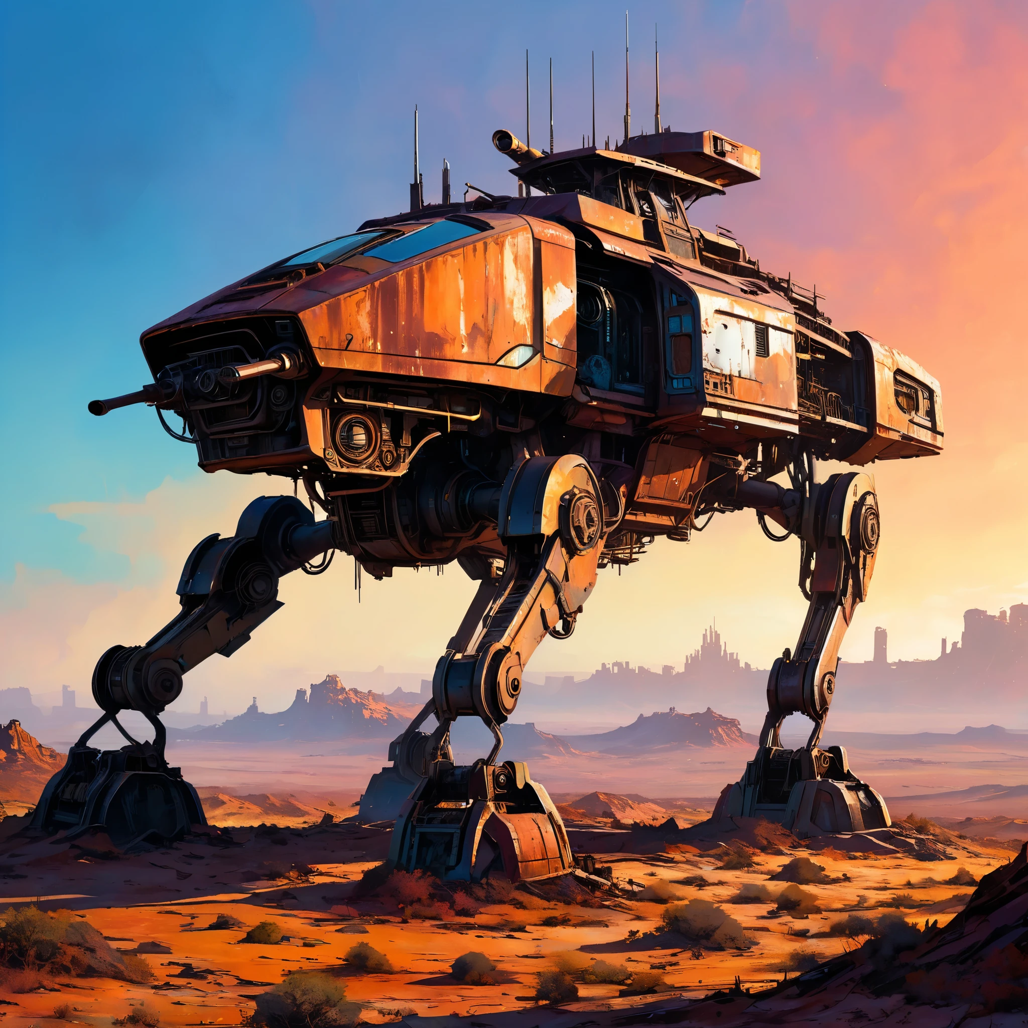 Post-apocalyptic scene, In the fading light of the zero dawn horizon, an abandoned futuristic machine, with wear and tear visible, stands alone on a desolate planet. Paint the scene with intricate details, rust-colored metallic tones, and neon accents, evoking a sense of mystery and solitude.