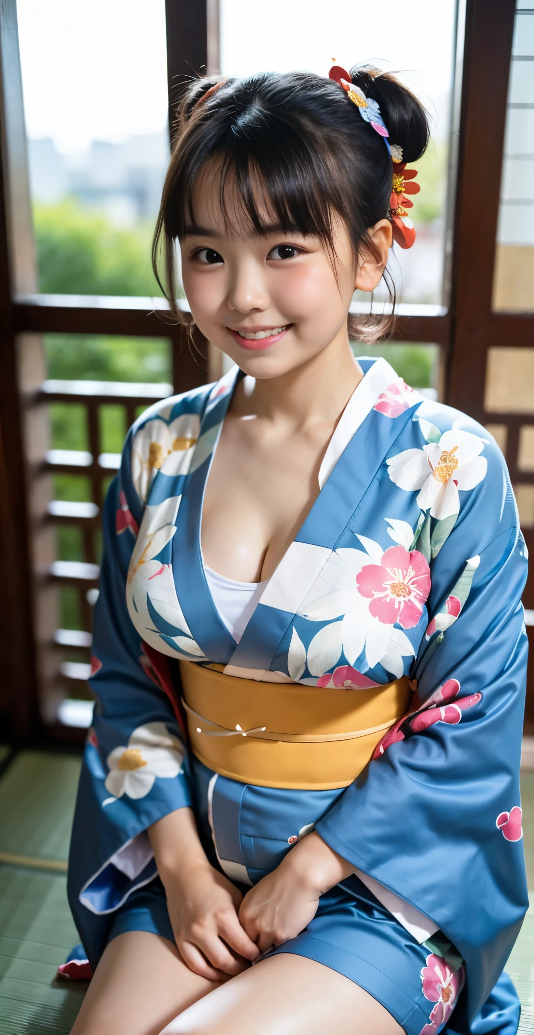 （8k、Raw photography、highest quality、masterpiece：1.2),(black haired、very short hair:1.8),(short twin tails:1.4)、show viewer,Looking at the front,erotic,white skin,(Wearing a kimono with a colorful floral pattern:1.7)、()、(Clothing that emphasizes the shape of your chest、publish one&#39;skin of:1.8)、(big breasts :1.4)、slim body shape、ultra high resolution,beautiful,beautiful fece,(alone, alone、no background:1.9),whole bodyボディー,japanese woman,（Photoreal：1.37）、photon mapping,reality、(Baby-faced and cute: 1.4)、(cute smile: 1.7)、(With a round face: 1.9)、radio city、Physically based rendering、depth of field rally background、photograph, (I can see your knees,close up of thighs:1.4),whole body、super fine