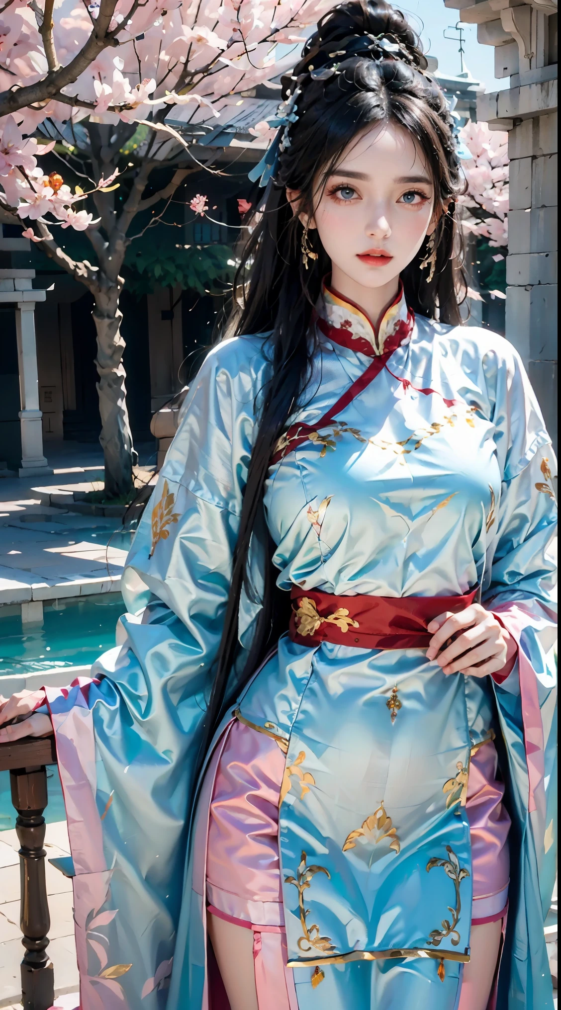 realistic, High resolution, 1 female, Indian、royal palace、glowing skin, alone, jewelry, pink lips, long hair, blue eyes, closed mouth, hip up, Hanfu, cherry blossoms