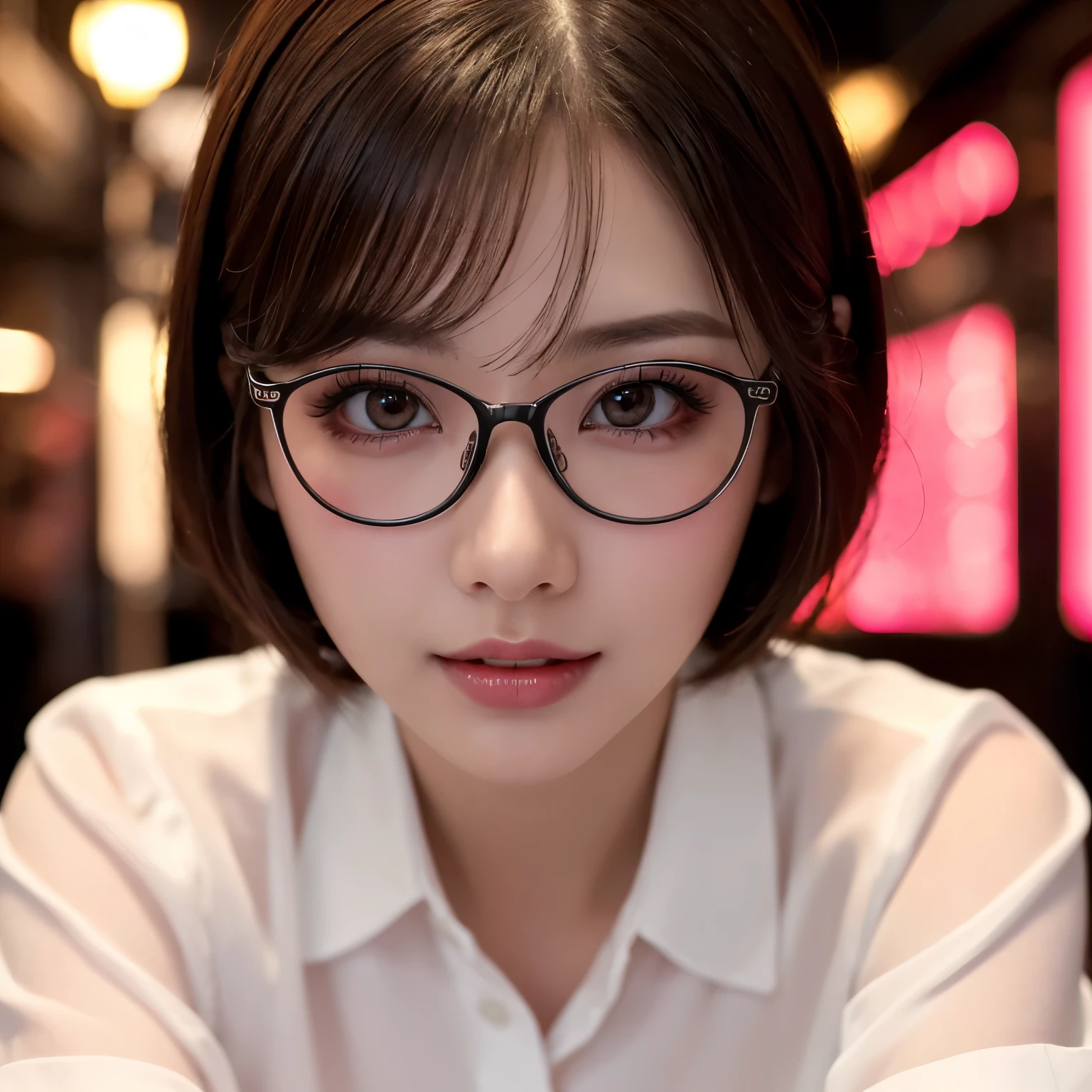 (highest quality、table top、8k、best image quality、Award-winning work)、one beautiful woman、25 years old、perfect beautiful composition、(very short straight hair:1.1)、(Classy glasses:1.1)、(perfect and precise white blouse:1.3)、look at me、perfect makeup、Bewitching、Overflowing sex appeal、glossy and bright lips、accurate anatomy、(close up of face:1.6)、look at me、(the moodiest lighting:1.1)、(Blurred red light district background with a moody and romantic atmosphere:1.1)、perfect makeup、Ultra high definition beauty face、ultra high definition hair、Ultra high definition moist eyes、(Super high resolution perfect teeth:1.1)、(Super high resolution glossy skin:1.1)、Super high resolution glossy lips
