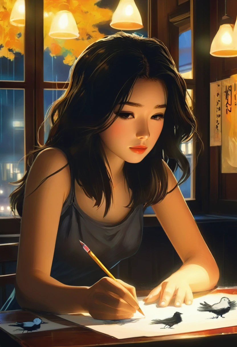 triple exposure, (the first part of the drawing: a young color man artist draws with a pencil A black and white portrait of a beautiful girl on the table), (the second part of the drawing:there is a haze above the table, in the middle of the full color composition there is a beautiful ghost of a 20-year-old girl), (the   
 third   part of the drawing: white pigeons fly out of the girl's window),  a fantastically beautiful hyperrealistic image, many intriguing details,,
vibrant colors, octane rendering, ultra high definition, Photography with wide angle lens (24mm), hyperrealism, artstation trends, polished, beautiful, shining, synesthesia, vivid, backlight, hair light, 8k ultra hd, unreal engine graphics engine 5, acrylic painting, pixiv fanbox trends, palette knife and brush strokes, makoto shinkai style, jamie wyeth, james gillard edward hopper greg rutkowski studio ghibli genshin impact, centered, symmetry, painted, intricate, volumetric lighting, beautiful, rich deep colors masterpiece, sharp focus, ultra detailed, in the style of dan mumford and marc simonetti, astrophotography, Song:A clean slate. Nancy. 