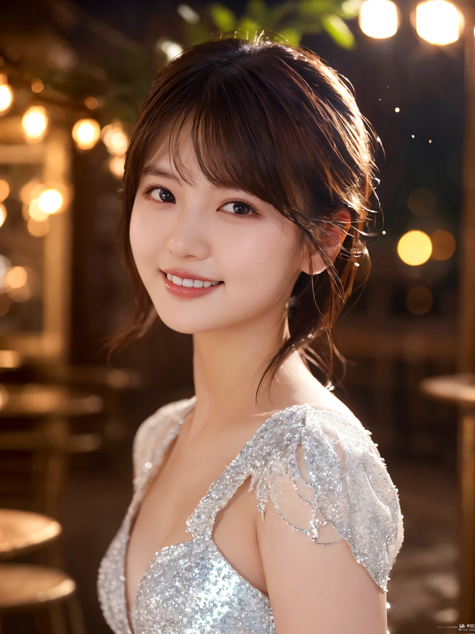 1 girl, (wearing a white glitter dress:1.2), (RAW photo, highest quality), (realistic, Photoreal:1.4), table top, very delicate and beautiful, very detailed, 2k wallpaper, wonderful, finely, very detailed CG Unity 8K 壁紙, super detailed, High resolution, soft light, beautiful detailed girl, very detailed目と顔, beautifully detailed nose, detailed and beautiful eyes, cinematic lighting, night city lights, perfect anatomy, slender body, smile