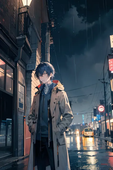 1 man, night city, rain, coat, hands in pockets