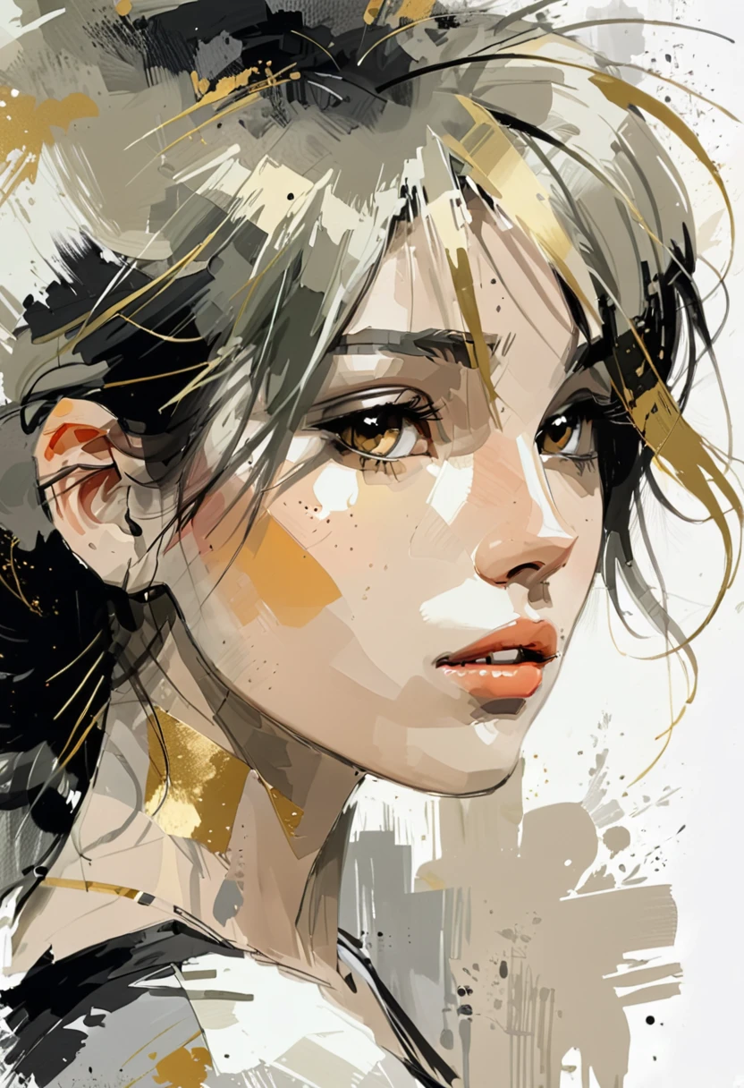 Half-length image of a young woman, impressionist painting, soft color palette, lovely, beautiful, highly detailed, digital illustration, award-winning masterpiece, dynamic, watercolor painting, sharp soft focus, white background with gray and gold brush strokes. Russ Mills style illustration