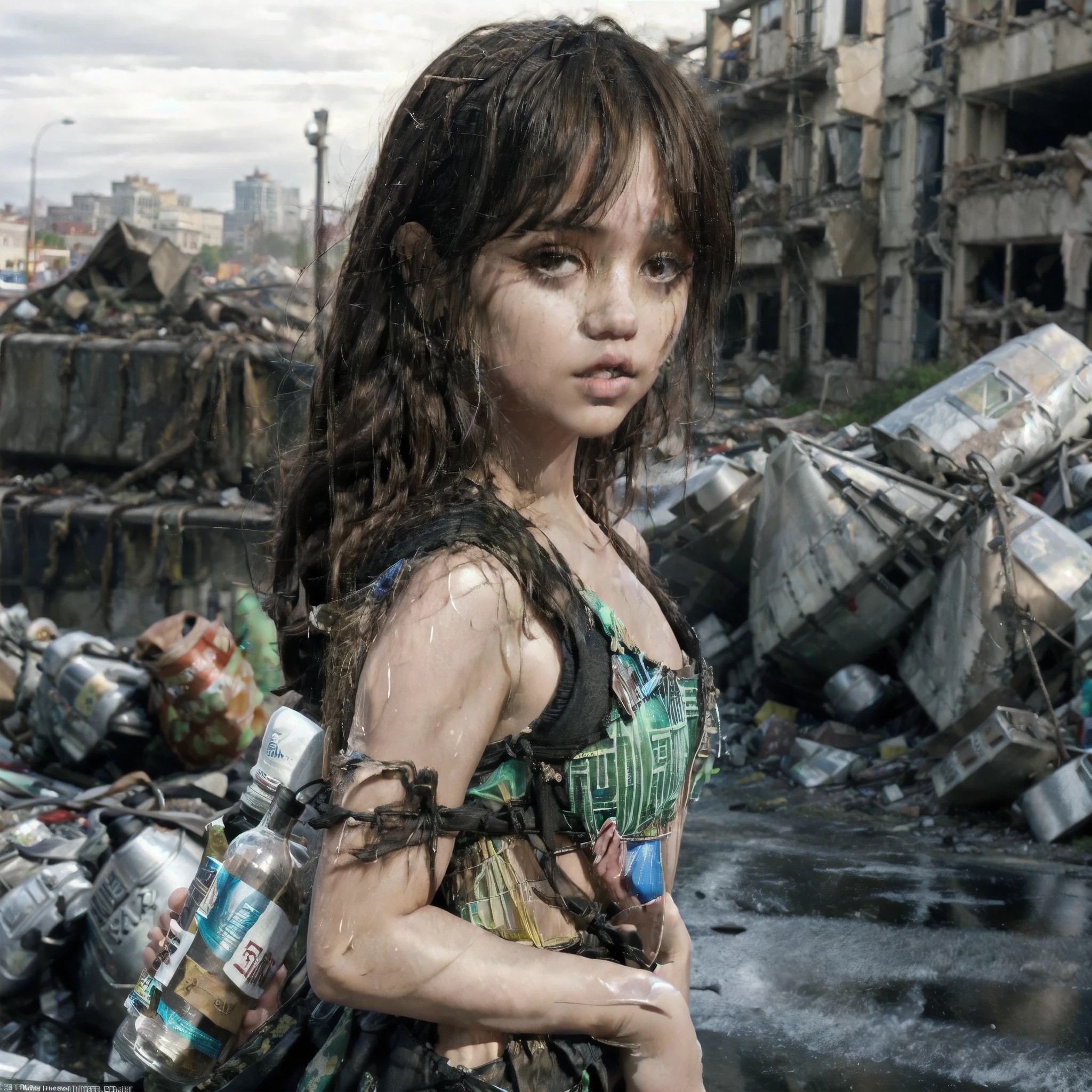 Pose et composition: La jeune fille se tient avec une expression confiante sur son visage, regardant au loin. Concentrez-vous sur le visage et les détails des vêtements, soulignant sa survie dans des conditions difficiles. L&#39;arrière-plan est constitué de bâtiments en ruine et de rues vides., ajoutant une atmosphère de dévastation. éclairage: Use soft éclairage to enhance the drama of the scene. Des ombres et des reflets spectaculaires peuvent ajouter de la profondeur et de l&#39;intrigue à une image.. Éléments supplémentaires: Placez quelques attributs de survie près de la fille, comme un sac à dos ou une bouteille d&#39;eau. Utilisez les textures des bâtiments et des paysages détruits pour créer un environnement post-apocalyptique authentique.