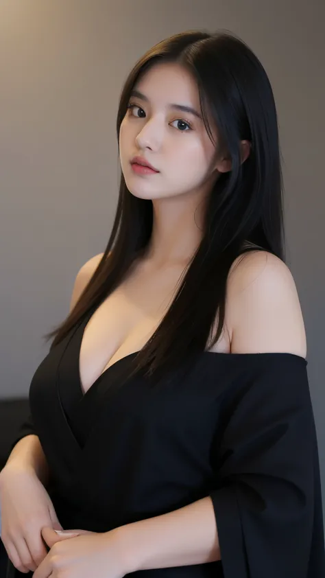 ((Best quality, 8k, Masterpiece :1.3)), Image of a Malay pretty girl superidol. Long black hair:1.3. (Beautiful Malay girl in kimono), ((black kimono)). Big breasts:1.3, close up cleavage. ((Bare shoulders _depth of field)), atmospheric perspective, Volume...