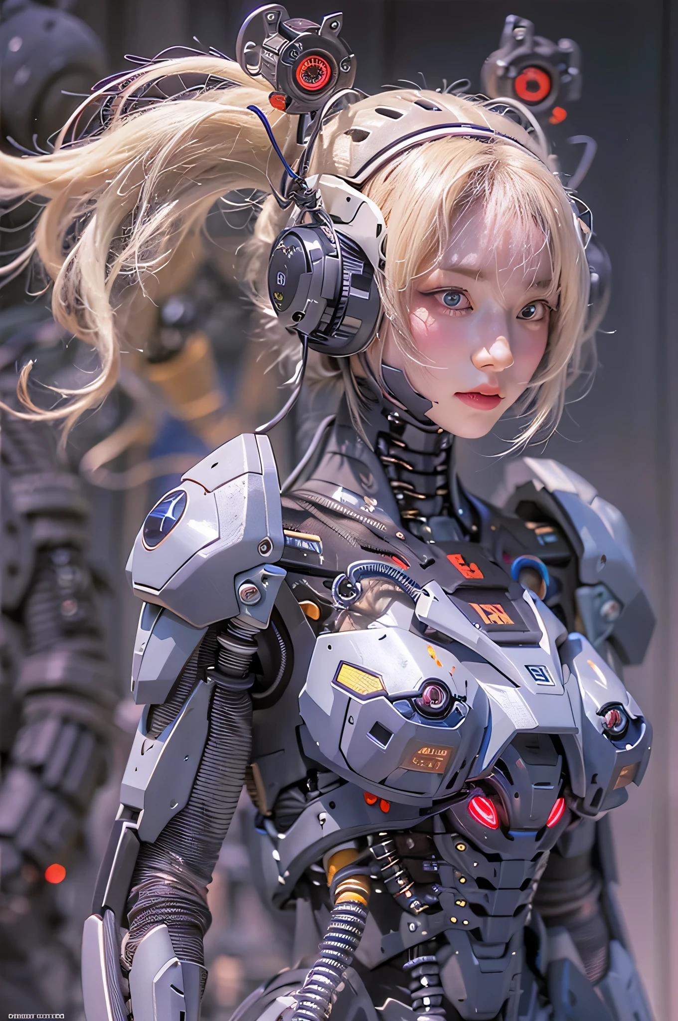 Top Qualität, Meisterwerk, ultrahohe Auflösung, (fotorealistisch: 1.4), RAW-Foto, 1 Mädchen, blondes Haar, Glänzende Haut, 1 Mechanisches Mädchen, (Ultrarealistische Details)), Porträt, Globale Beleuchtung, Schatten, Oktan-Rendering, 8K, ultrascharf, Groß, Dekolleté freigelegte rohe Haut, Metall, Aufwendige Ornamentdetails, Korea Einzelheiten, sehr komplizierte Details, Realistisches Licht, CGSoation trend, lila Augen, glühende Augen, Mit Blick in die Kamera, Neon-Details, Mechanische Gliedmaßen, Blutgefäße, die mit dem Schlauch verbunden sind, Mechanische Wirbel am Rücken befestigt, mechanische zervikale Befestigung am Hals, Sitzung, Drähte und Kabel, die mit dem Kopf verbunden sind, Gundam, kleine LED-Lampen,