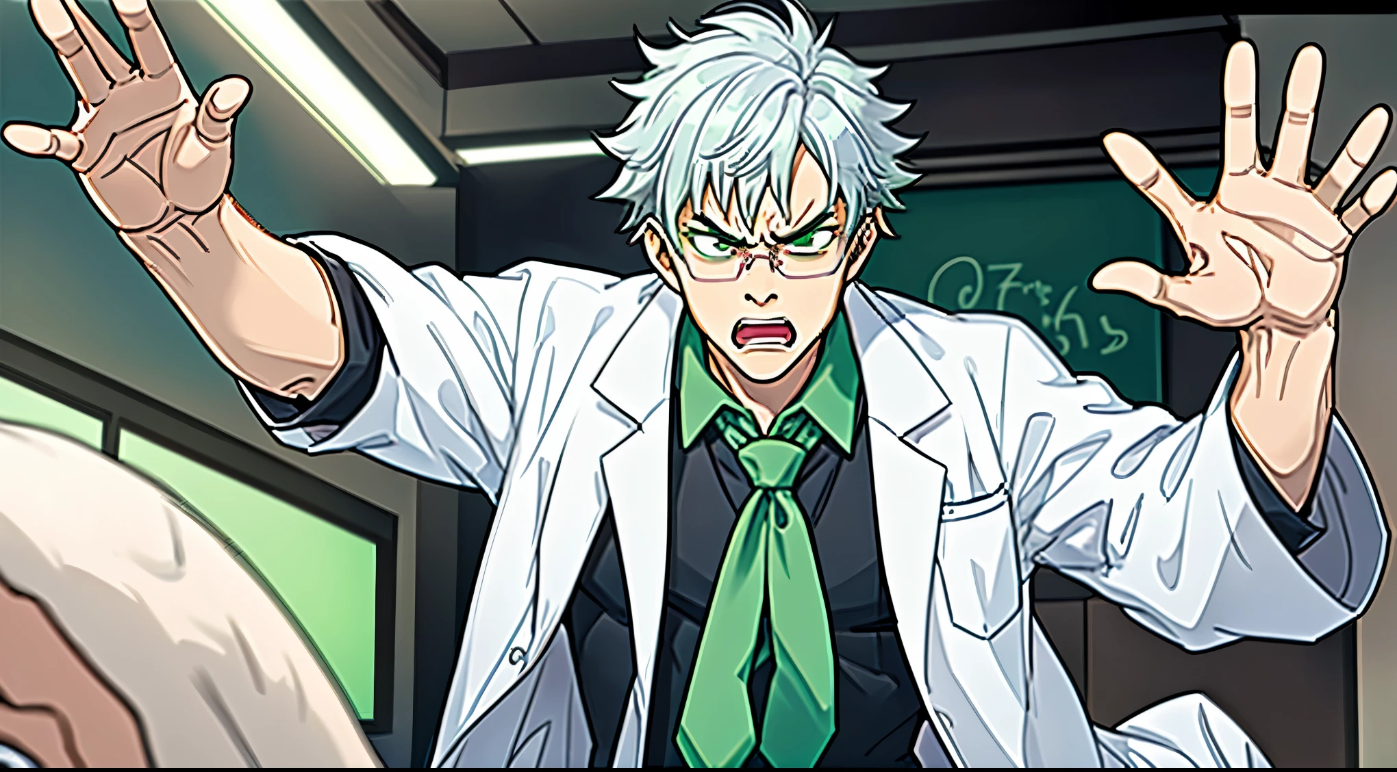 Silver-haired guy wearing medical glasses, wearing a white lab coat and black and pink shirt with a green tie, he is furious, waving his arms in a dynamic movement of anger, his face expressions showing anger