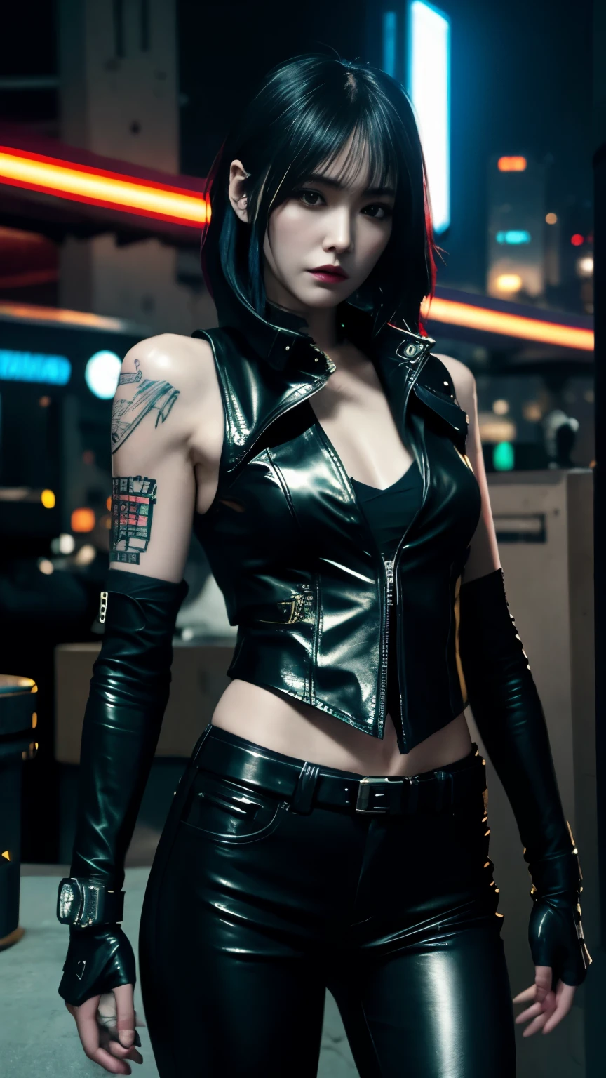 (highest quality)，masterpiece，Super detailed，8K, UHD，Beautiful woman，japanese woman，No expression，whole body，((tattoo))，slim，black leather pants，black leather vest，(female mafia)，gangster，(cyberpunk city)，night，cinematic lightening，underworld