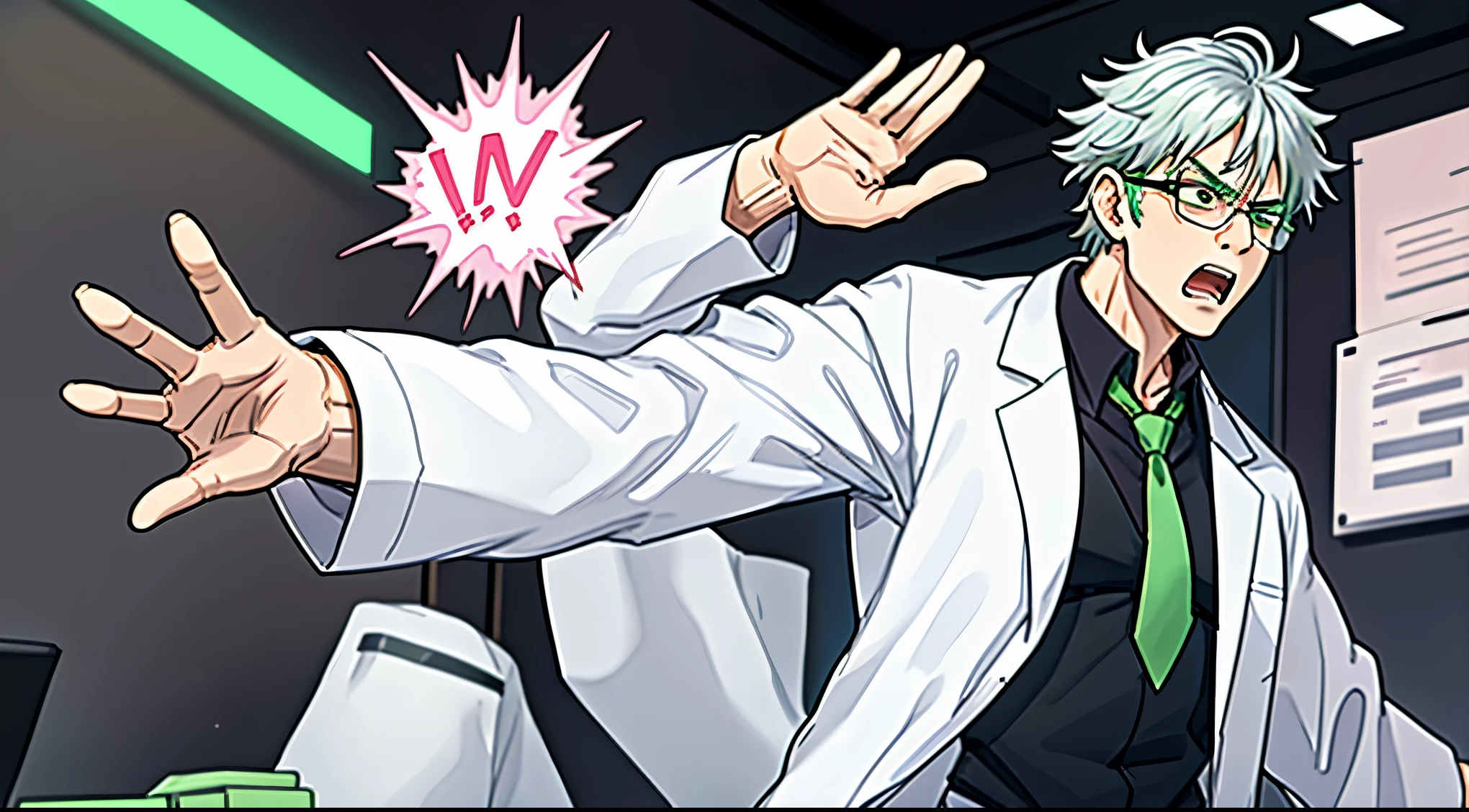 Silver-haired guy wearing medical glasses, wearing a white lab coat and black and pink shirt with a green tie, he is furious, waving his arms in a dynamic movement of anger, his face expressions showing anger