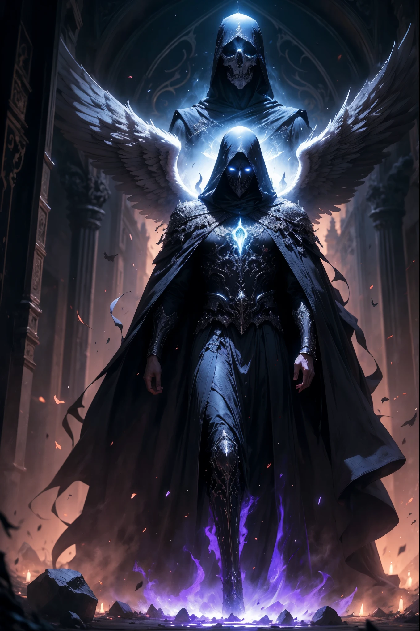Striking illustration of the Angel of Death., A mysterious and ethereal figure who guards the threshold between life and death.. His presence is enigmatic and powerful...., con alas inmensas que se extienden hacia el horizonte y una mirada penetrante que transmite serenidad y temor. He uses cool tones and deep shadows to emphasize his ethereal nature and his connection to the realm of death......(dark lighting), ( ethereal lighting),(Spectral illumination)