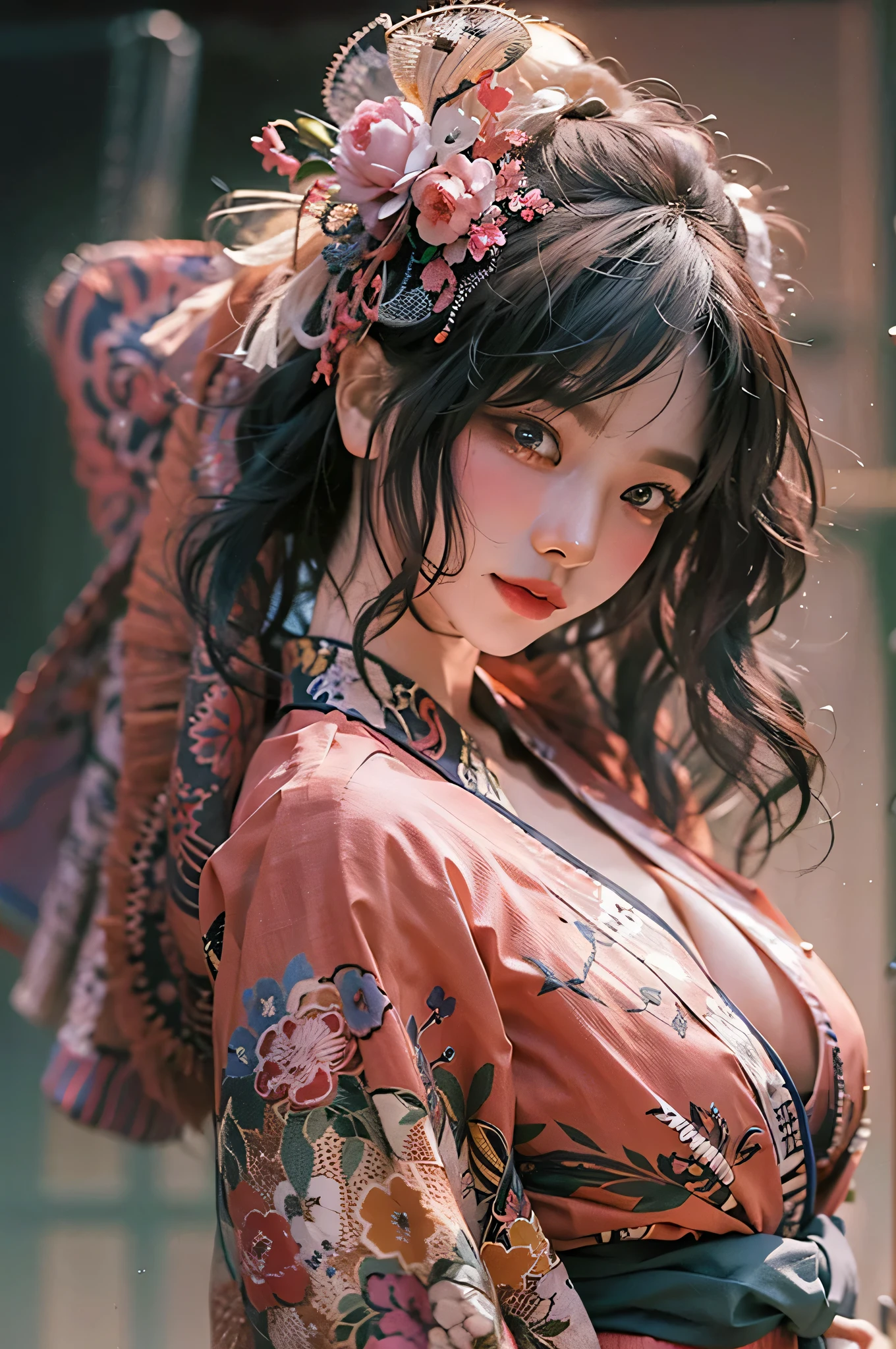 (Qualité d&#39;image la plus élevée), (chef-d&#39;œuvre), (vibrant, photography réaliste, réaliste, Spectaculaire, sombre, netteté, 8k), visage en gros plan, Texture du visage et de la peau très détaillée, kimono rose sexy, beauté éthérée, Femme asiatique mature,cheveux longs noirs, Se maquiller, sourire sexy, NSFW ,photo en gros plan, ((rétroéclairage)), tenir le pistolet, agent secret, poses dynamiques, réaliste, pose de tir