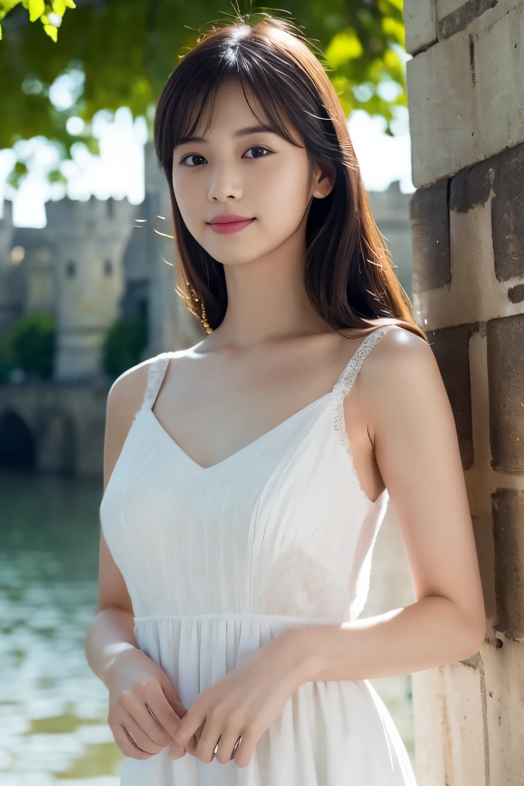 1 girl, (wearing a white dress:1.2), (RAW photo, highest quality), (realistic, Photoreal:1.4), very delicate and beautiful, very detailed, 2k wallpaper, wonderful, finely, very detailed CG Unity 8K 壁紙, Super detailed, High resolution, soft light, beautiful detailed girl, very detailed目と顔, beautifully detailed nose, finelyて美しい目, cinematic lighting, (castles of the loire:1.3), , perfect anatomy, slender body, 
straight semi-long hair, looking at the viewer, slight smile