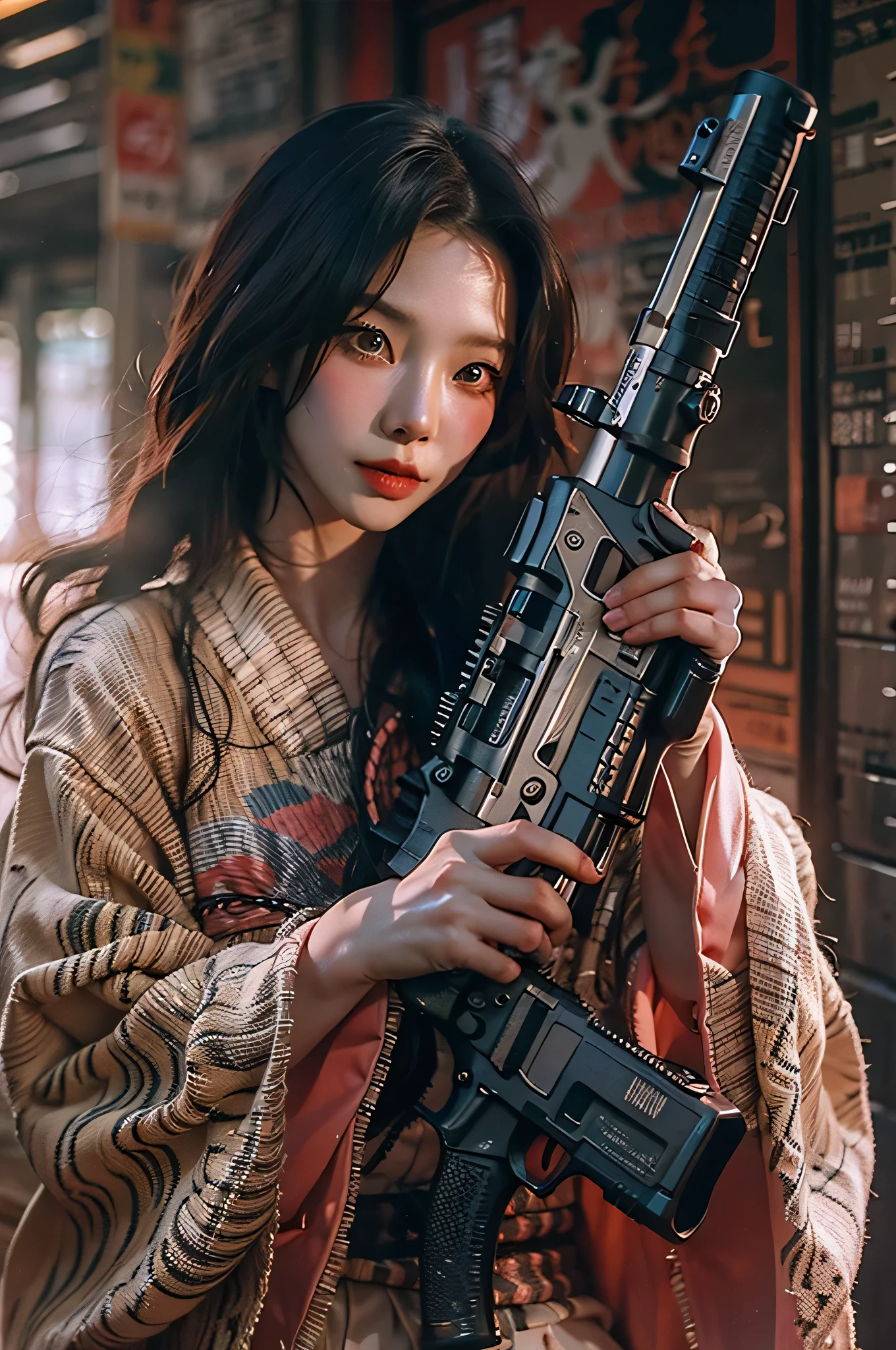 (highest image quality), (masterpiece), (vibrant, photography realistic, Realistic, Dramatic, Dark, Sharp focus, 8K), Close up Face, Highly detailed face and skin texture, sexy pink kimono, ethereal beauty, mature asian woman,black long hair, make up, sexy smile, nsfw ,Close up shot, ((backlight)), holding the gun, secret agent, dinamic pose, realistic, sniper