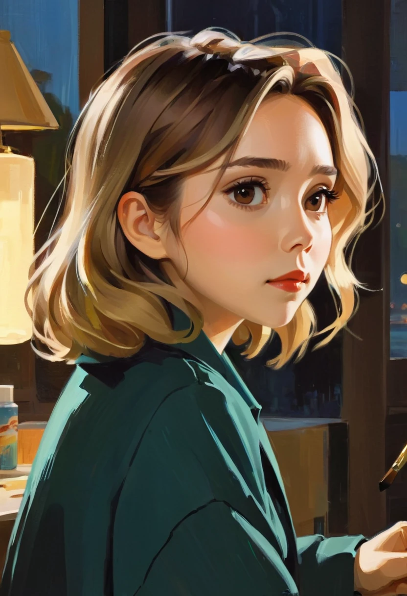 Elizabeth Olsen, cute, chibi, acrylic painting, trending on pixiv fanbox, palette knife and brush strokes, style of makoto shinkai jamie wyeth james gilleard edward hopper greg rutkowski studio ghibli genshin impact