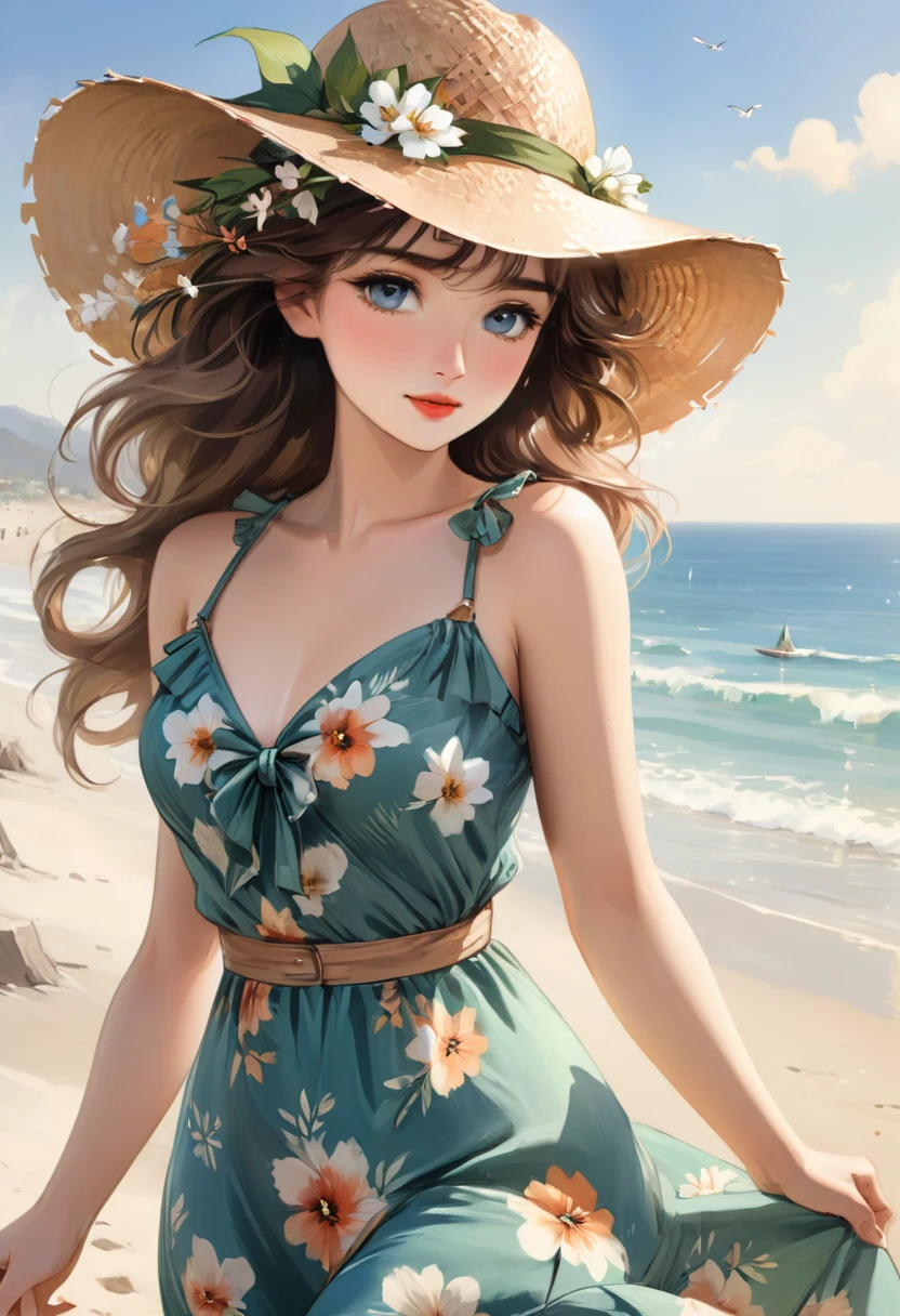 Extremely beautiful woman wearing a floral summer dress and a straw hat at the beach, perfect face, perfect eyes, perfect light, glamorous, gorgeous, delicate, romantic, Harrison Fisher