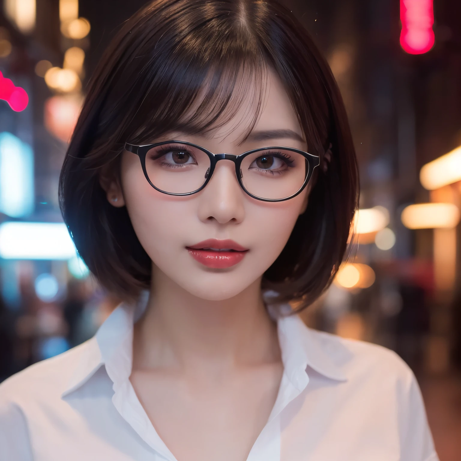 (highest quality、table top、8k、best image quality、Award-winning work)、one beautiful woman、25 years old、perfect beautiful composition、(very short straight hair:1.1)、(Classy glasses:1.1)、cleavage、Big breasts that are about to burst、emphasize body line、(Perfect and precise white polyester shirt:1.3)、look at me、perfect makeup、Bewitching、Overflowing sex appeal、glossy and bright lips、accurate anatomy、(close up of face:1.7)、look at me、(the moodiest lighting:1.1)、(Blurred red light district background with a moody and romantic atmosphere:1.1)、perfect makeup、Ultra high definition beauty face、ultra high definition hair、Ultra high definition moist eyes、(Super high resolution perfect teeth:1.1)、(Super high resolution glossy skin:1.1)、Super high resolution glossy lips