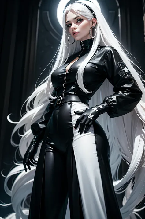 woman with long white hair , wear a black and white  cool looking outfit with pants  , moons and star pattern  , hoop earring , ...