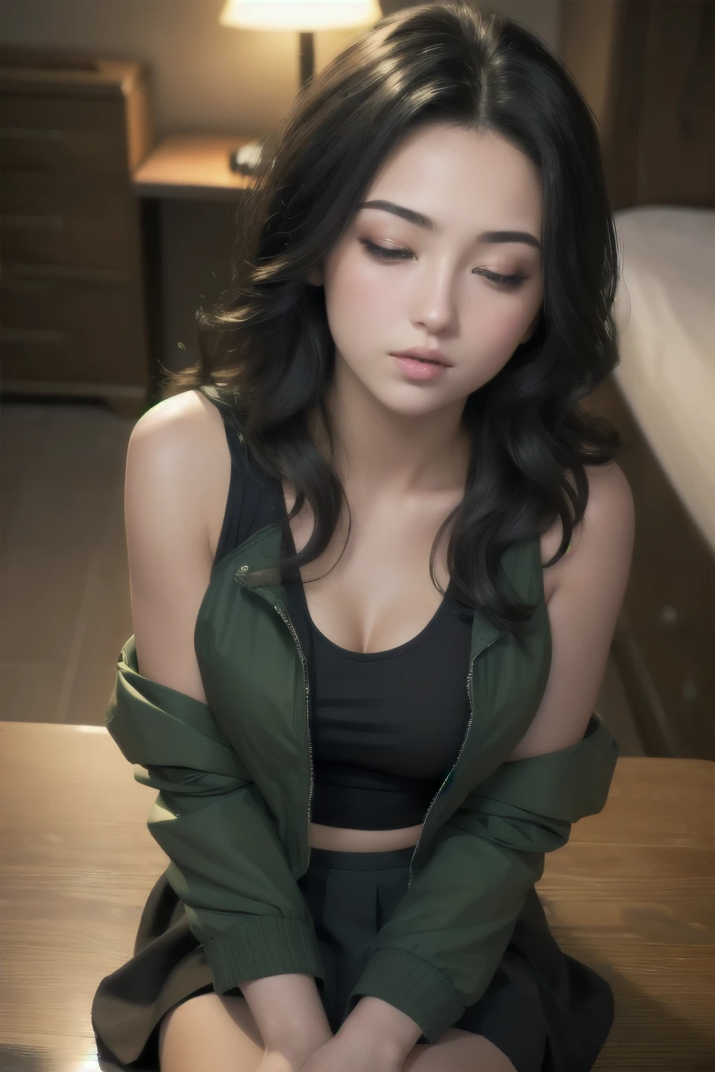 (best quality, ultra-detailed, realistic:1.37), beautiful detailed eyes, seductive eyes, blushing, extremely detailed lips, long black luscious hair, black tank top, dark green jacket and skirt, sitting on desk, desperate, provocative lighting