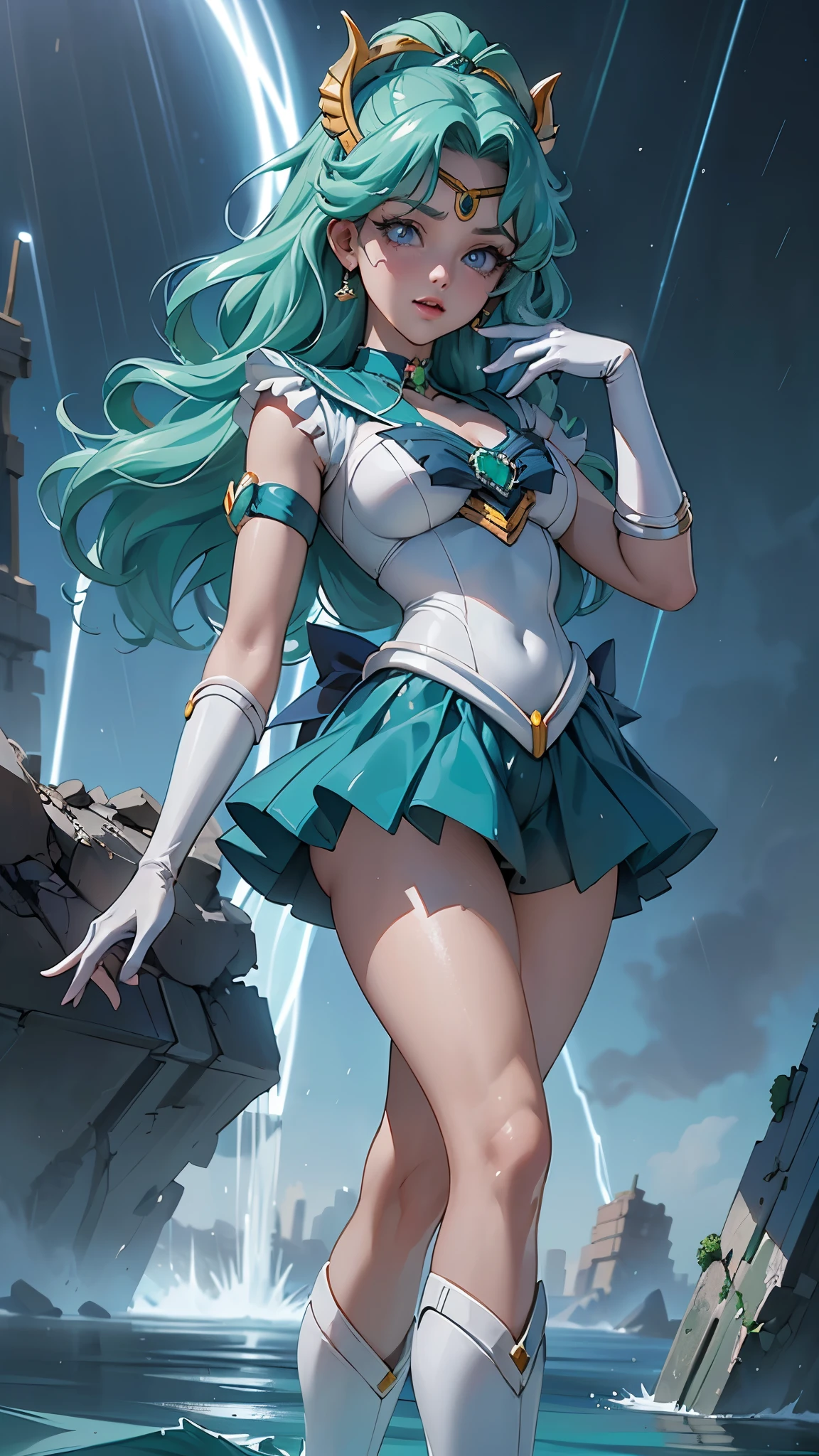 Ultraphotomicrography,1 girl, sailor Neptune, (Sailor senshi uniforms:1.4), dark green hair, medium hair, Supplicant skirt, La Best Quality, earrings, masterpiece, high resolution, intricate details, (( realist )), photographic, (White elbow gloves:1.1), joya, medium chest, Whole body, dynamic background, Dynamic posture, High heels,,More detailed 8K.unreal engine:1.4,HD,La Best Quality:1.4, fotorrealist:1.4, skin texture:1.4, masterpiece:1.8,masterpiece, Best Quality,object object], (detailed facial features:1.3),(Detailed hands),(Apocalyptic city destroyed:1.7),(white Over the knee boots: 1.4), choker, (White glove:1.4), choker verde, Elbow Groves, joya, earrings, green skirt, only one, Whole bodysbian, green fur,(sunset background:1.4),(sailor Neptune:1.4),(half body:1.4),4k detail fantasy,(realist, photorealism, realist: 1.37),(Detailed hands),(blue background water thunder lightning rain water drops falling:1.4), (cowboy shot:1.4))),(Beautiful blue eyes :1.4) ，bright pupils detailed CG unified 8k wallpaper）Detailed background