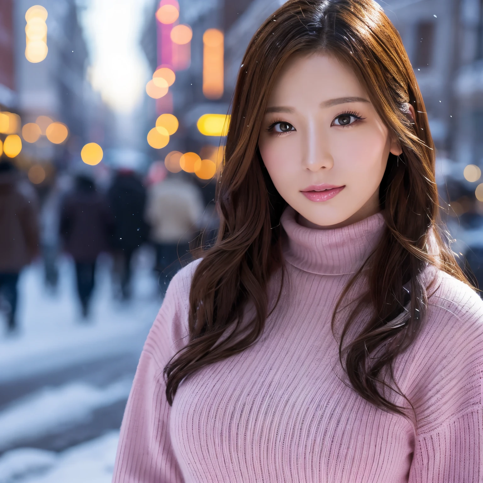 (table top、highest quality、8k、Award-winning work、ultra high resolution)、one beautiful woman、(Turtleneck long knitted sweater dress and thick fur coat:1.2)、Exactly、brown hair、(The most natural and accurate pink long scarf:1.2)、Very long wavy hair、epic movie lighting、(romantic love feeling:1.1)、(The most romantic and moody atmosphere:1.1)、winter、snow scene、It&#39;s snowing、Norwegian city covered in snow、look at me、(Big breasts that are about to explode:1.1)、(Most emphasize the body line:1.1)、very long hair、blurred background、accurate anatomy、ultra high definition hair、Perfect and beautiful teeth in ultra high resolution、Ultra high definition beauty face、ultra high definition hair、Super high-definition sparkling eyes、Shining, ultra high-resolution beautiful skin、ultra high resolutionの艶やかな唇、(close up of face:1.3)