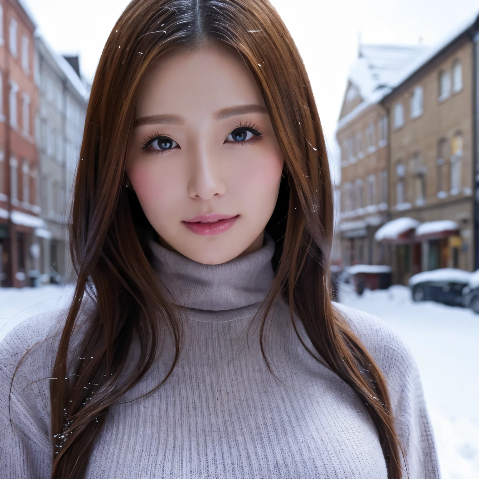 (table top、highest quality、8k、Award-winning work、ultra high resolution)、one beautiful woman、(Turtleneck long knitted sweater dress and thick fur coat:1.2)、Exactly、brown hair、(The most natural and accurate pink long scarf:1.2)、Very long wavy hair、epic movie lighting、(romantic love feeling:1.1)、(The most romantic and moody atmosphere:1.1)、winter、snow scene、It&#39;s snowing、Norwegian city covered in snow、look at me、(Big breasts that are about to explode:1.1)、(Most emphasize the body line:1.1)、very long hair、blurred background、accurate anatomy、ultra high definition hair、Perfect and beautiful teeth in ultra high resolution、Ultra high definition beauty face、ultra high definition hair、Super high-definition sparkling eyes、Shining, ultra high-resolution beautiful skin、ultra high resolutionの艶やかな唇、(close up of face:1.3)