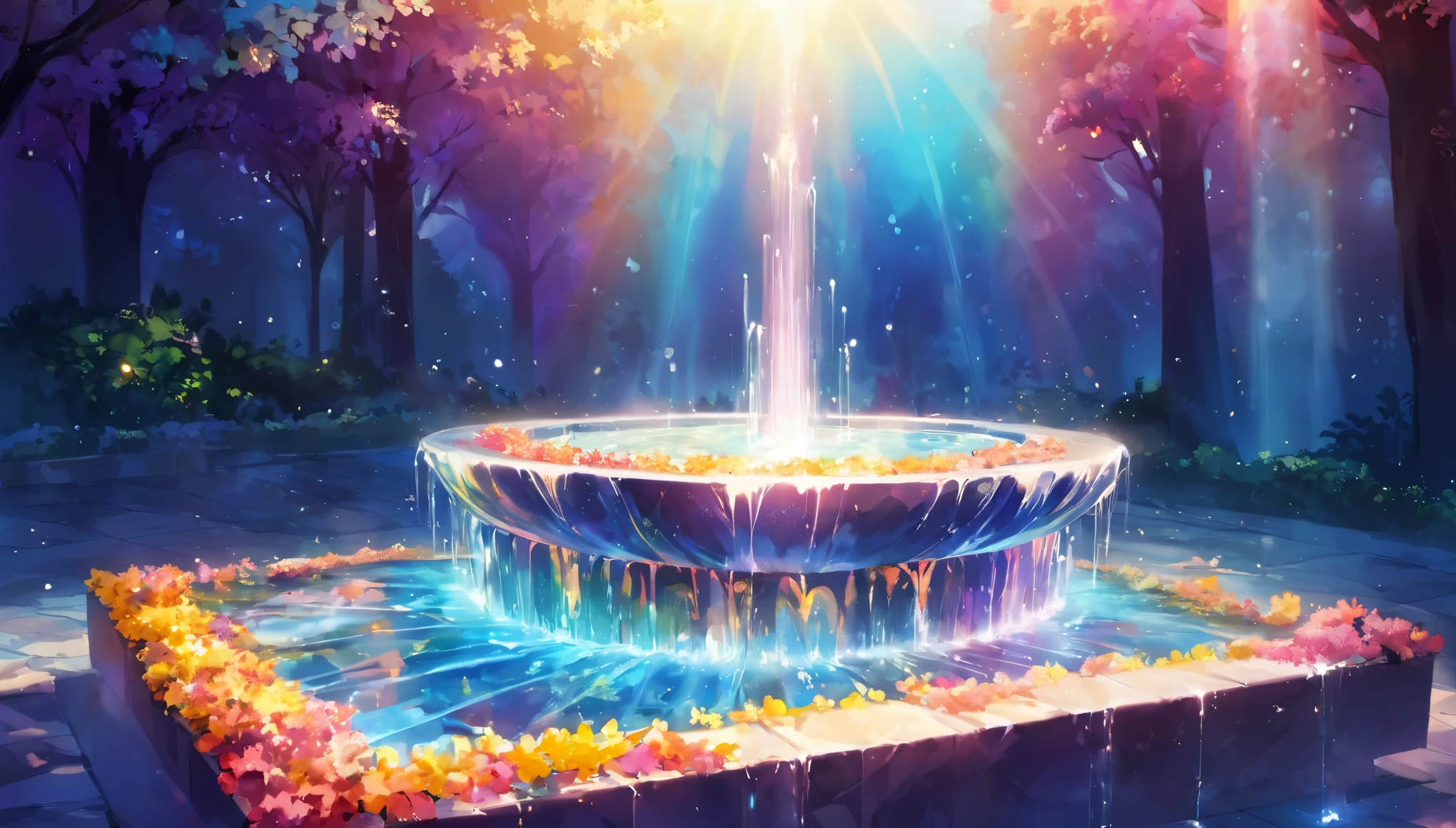 crystal fountain, glare of the sun, Mystical background, bright, colorful, 