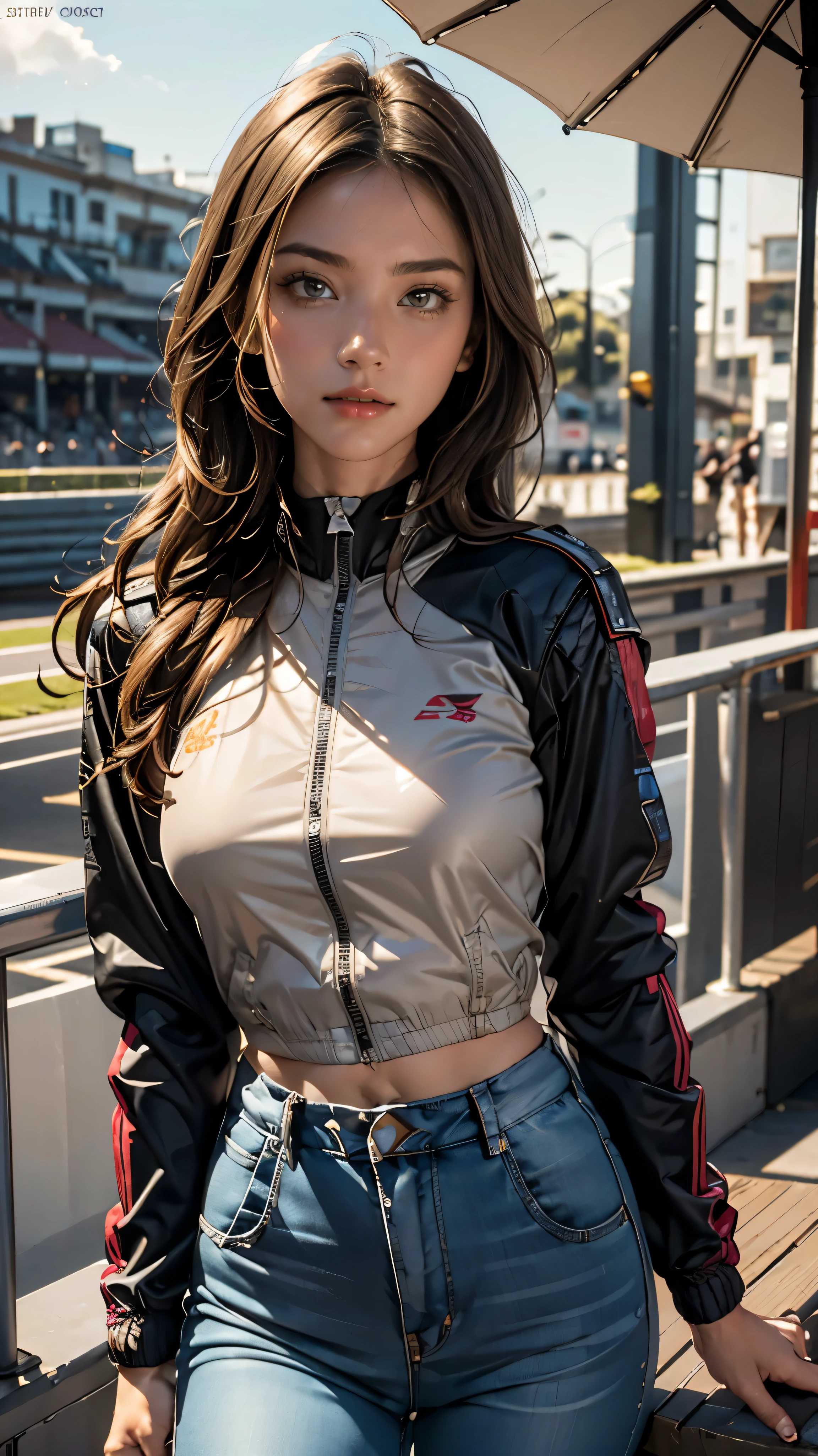 (((HD photo))), ultra high res.photorealistic:. 1.4, UHD, masterpiece, trending on artstation, portrait, upper body shot, 1girl, fashion photography, pretty, cute face, ((detailed face, detailed eyeost beautiful in the world, soft, delicate, (long red hair), large breasts, slim waist, (wearing racing jacket:1.6) jeans, hires textures, intricate details, sunkissed, San Francisco city