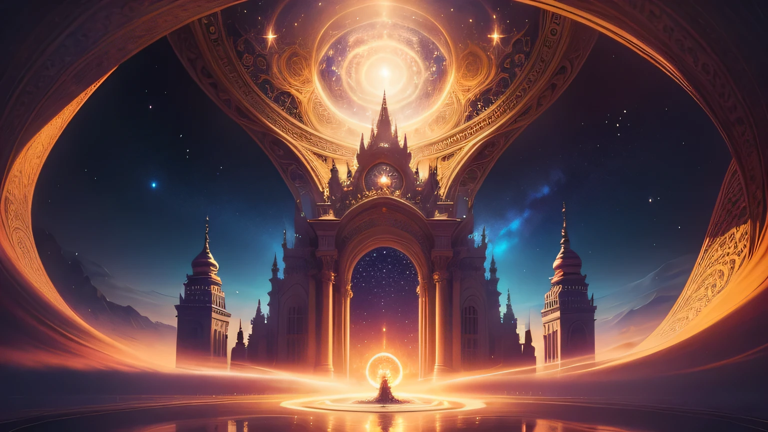 A captivating and enchanting Foto realistic of a mystical fantasy-inspired landscape of a palace with intricate mandala patterns and gateway into another dimension. mit einer starken golden leuchtenden Aura, Erstellen einer faszinierenden, Blendeffekt. Ein wirbelnder Wirbel aus Sternen und Himmelselementen umgibt, zur magischen Atmosphäre beiträgt, der Szene eine persönliche Note verleihen. This enthralling piece of art masterfully blends divine fantasy and beschwingt cosmic galaxy energy, Das Ergebnis ist ein visuell beeindruckendes und immersives Erlebnis., Foto, Produkt, beschwingt, Licht Fantasie