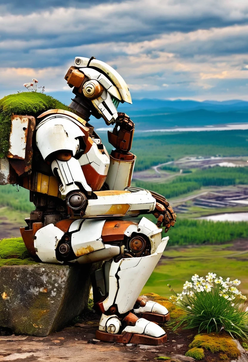 wasteland，The old mecha is sitting on the stone and thinking，thinker，hand on cheek，(sitting:1.2)，Rusty，Distant skyline