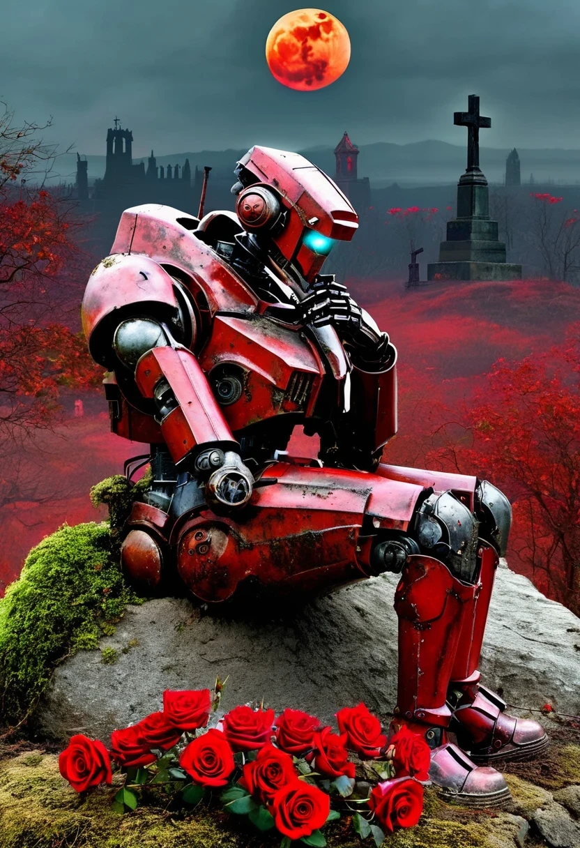 wasteland，The old mecha is sitting on the stone and thinking，thinker，hand on cheek，(sitting:1.2)，Rusty，Distant skyline，Gothic，moss，A rose，cross，cemetery，Gothic教堂，blood red moon，Gothic元素，wildfires，cold， gloomily， 