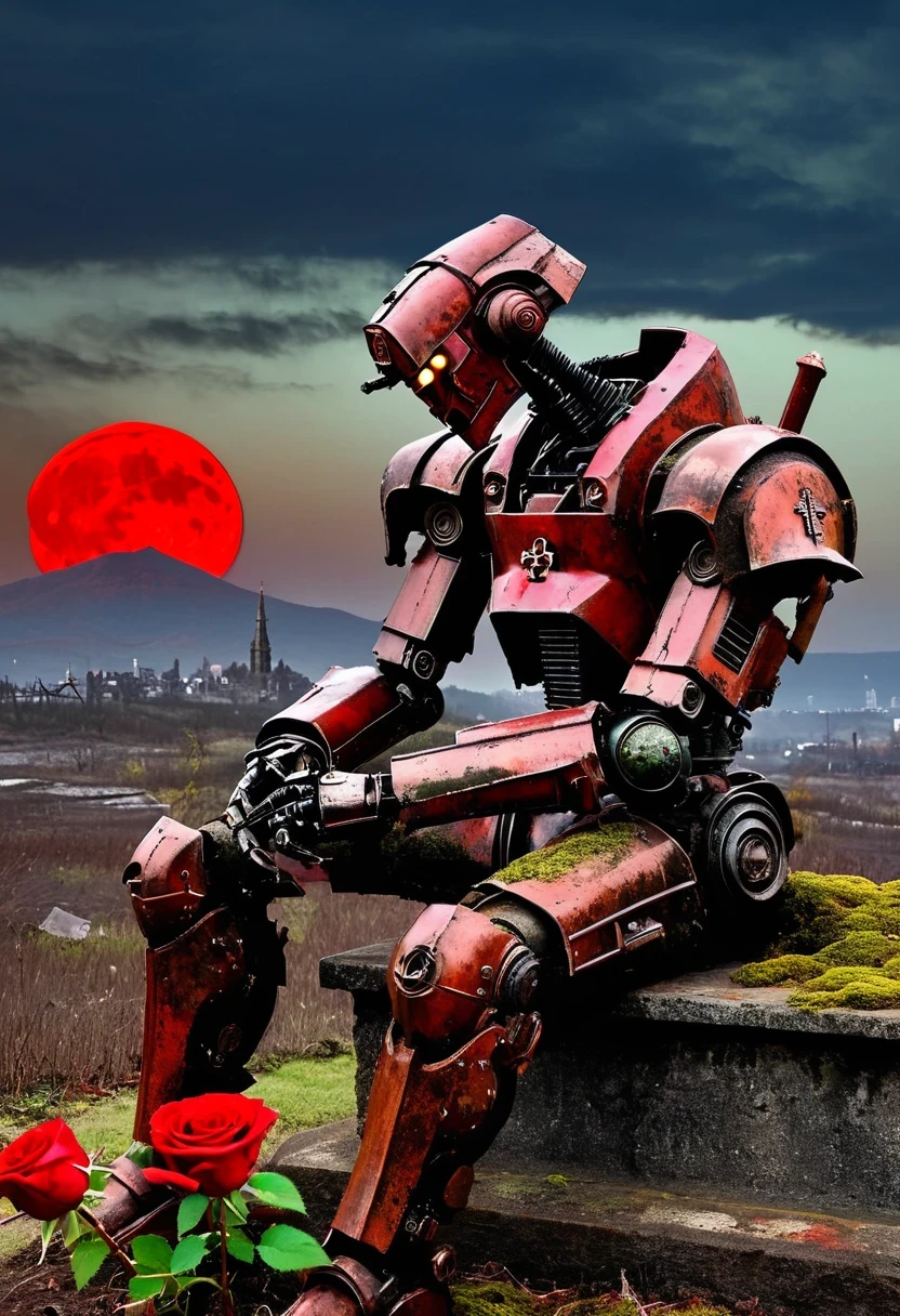wasteland，The old mecha is sitting on the stone and thinking，thinker，hand on cheek，(sitting:1.2)，Rusty，Distant skyline，Gothic，moss，A rose，cross，cemetery，Gothic教堂，blood red moon，Gothic元素，wildfires，cold， gloomily， 