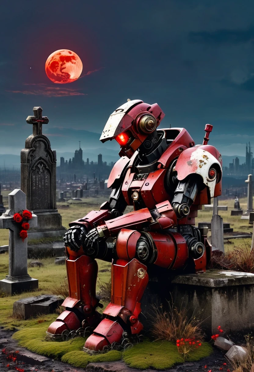 wasteland，The old mecha is sitting on the stone and thinking，thinker，hand on cheek，(sitting:1.2)，Rusty，Distant skyline，Gothic，moss，a small white flower，(cross:1.25)，cemetery，Gothic教堂，blood red moon，Gothic元素，wildfires，cold， gloomily，
