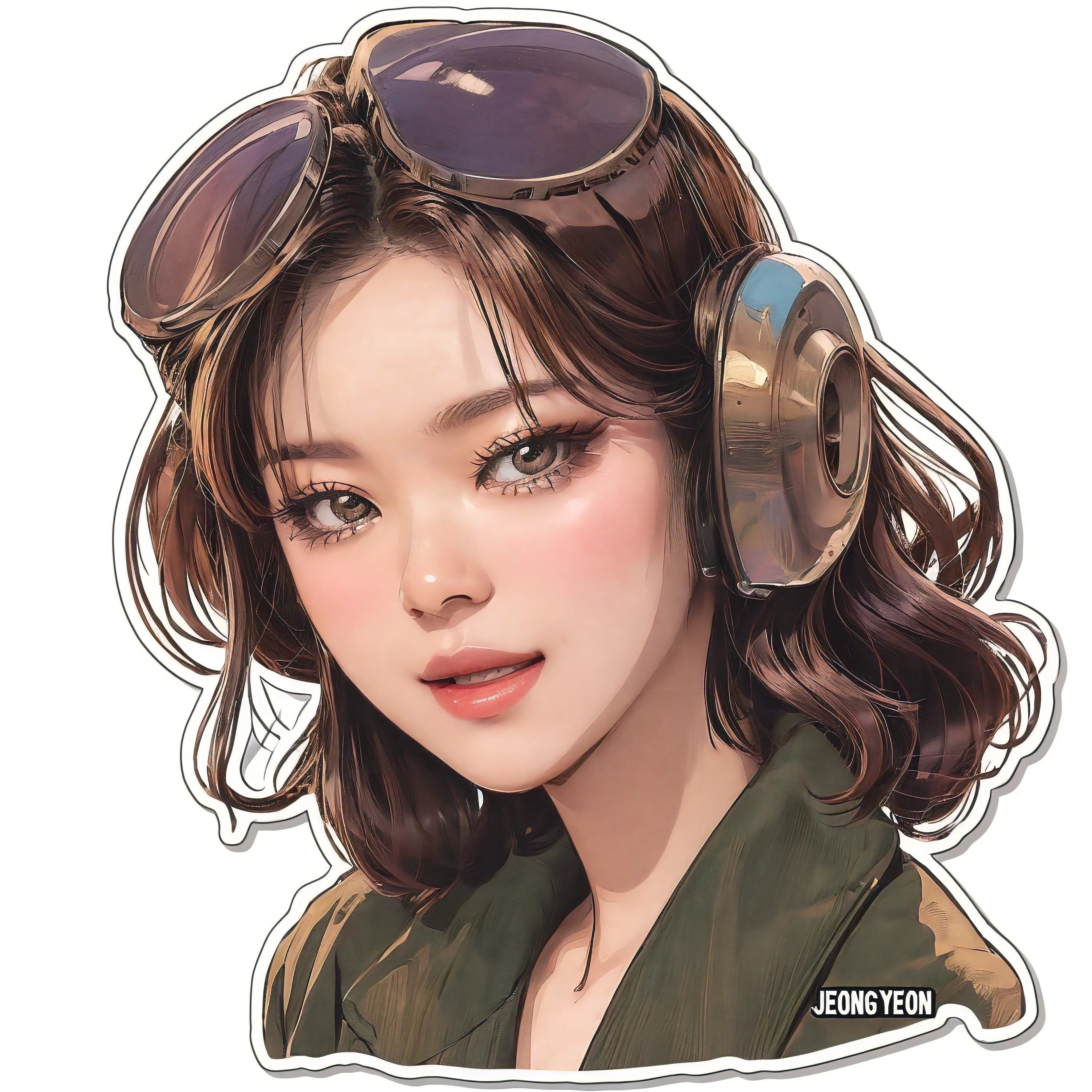 (best quality, masterpiece:1.2), a sticker with a woman wmiling mischievously with the word "JEONGYEON", cartoon style, kpop, steampunk, simple lines